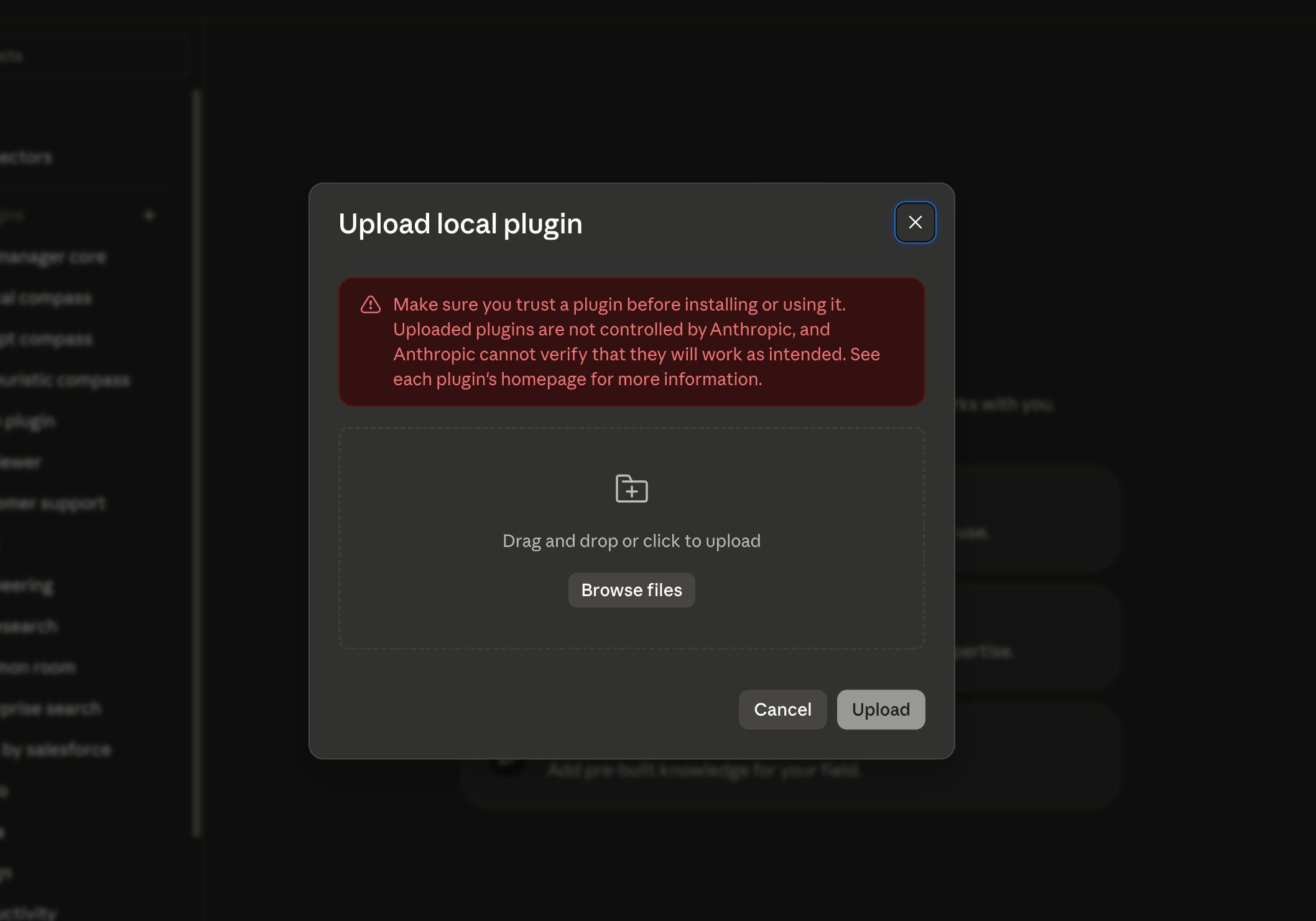 Upload local plugin screen