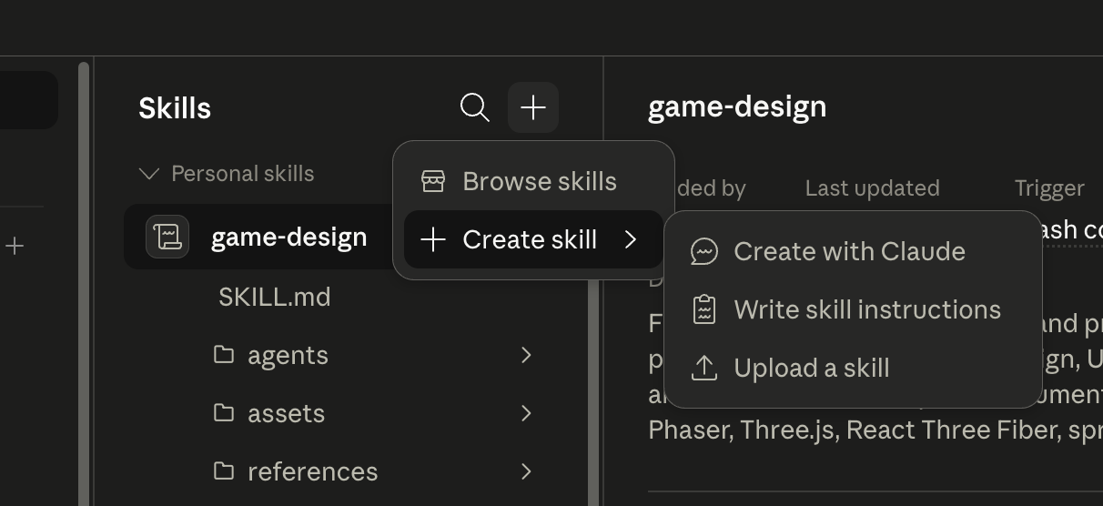 Create Skill menu with Upload Skill option