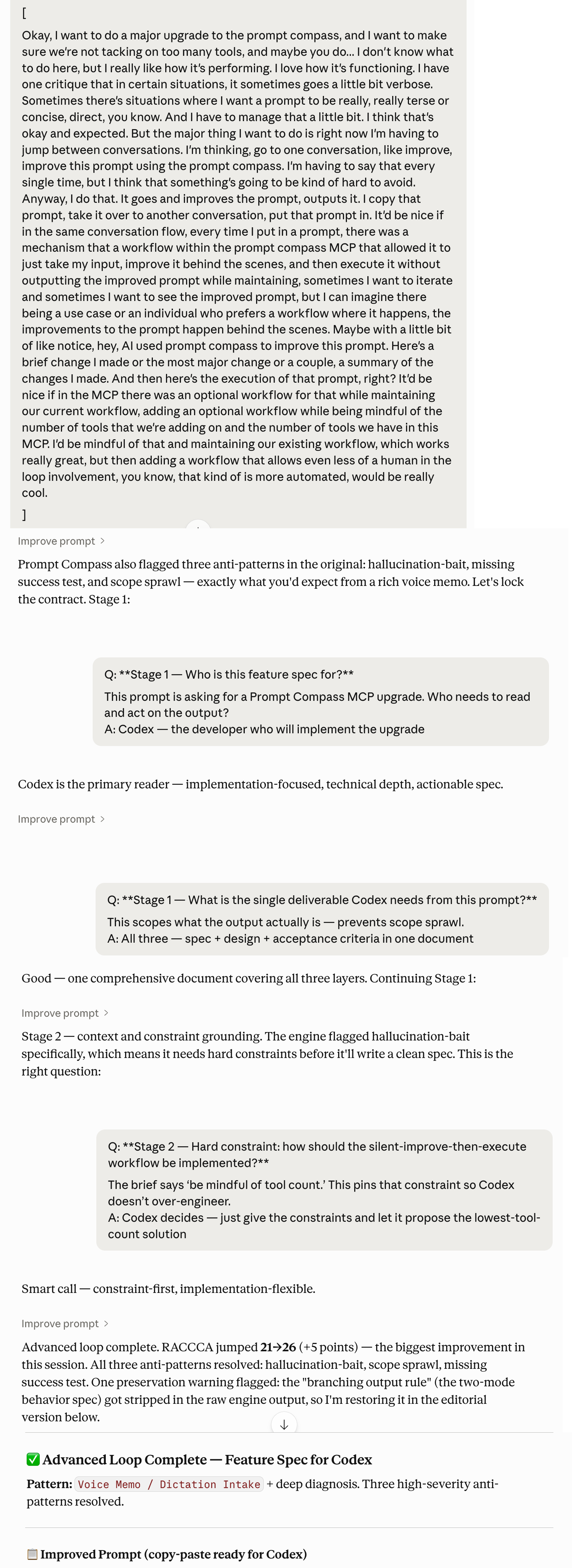 Stitched screenshot of a Claude conversation showing Critical Compass quick feedback output