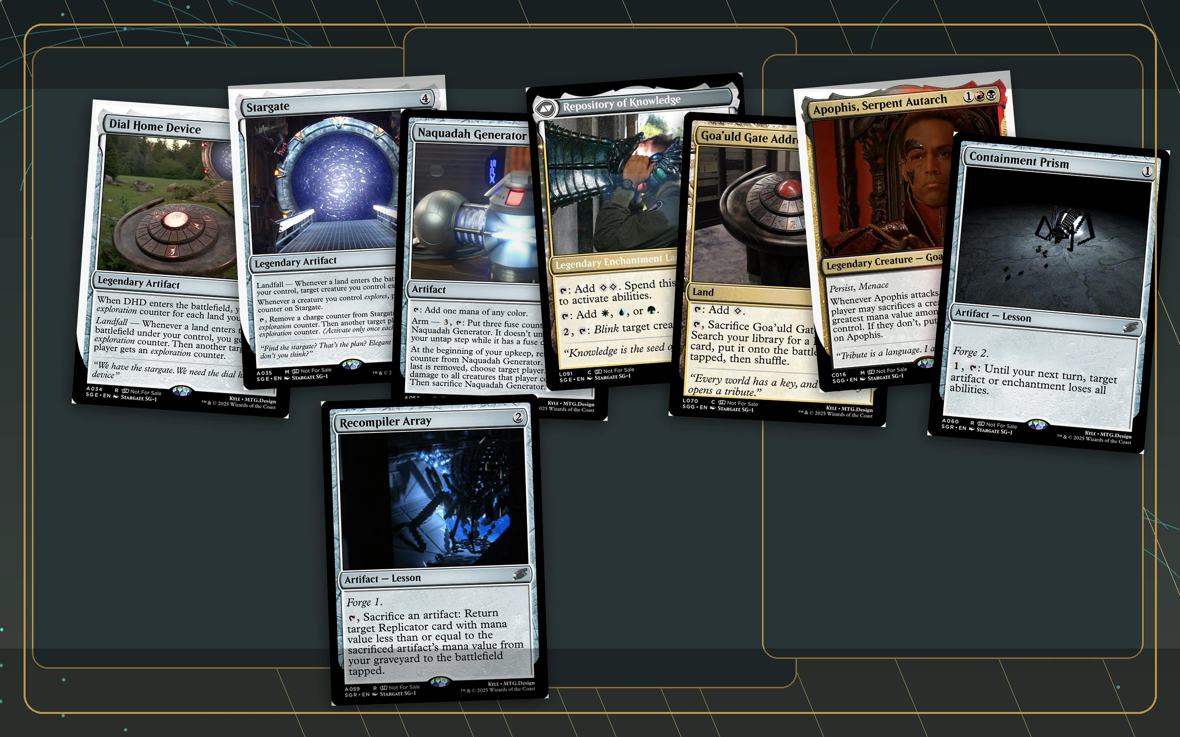 A derivative preview of custom Stargate-themed card exports arranged across a dark system-map surface.