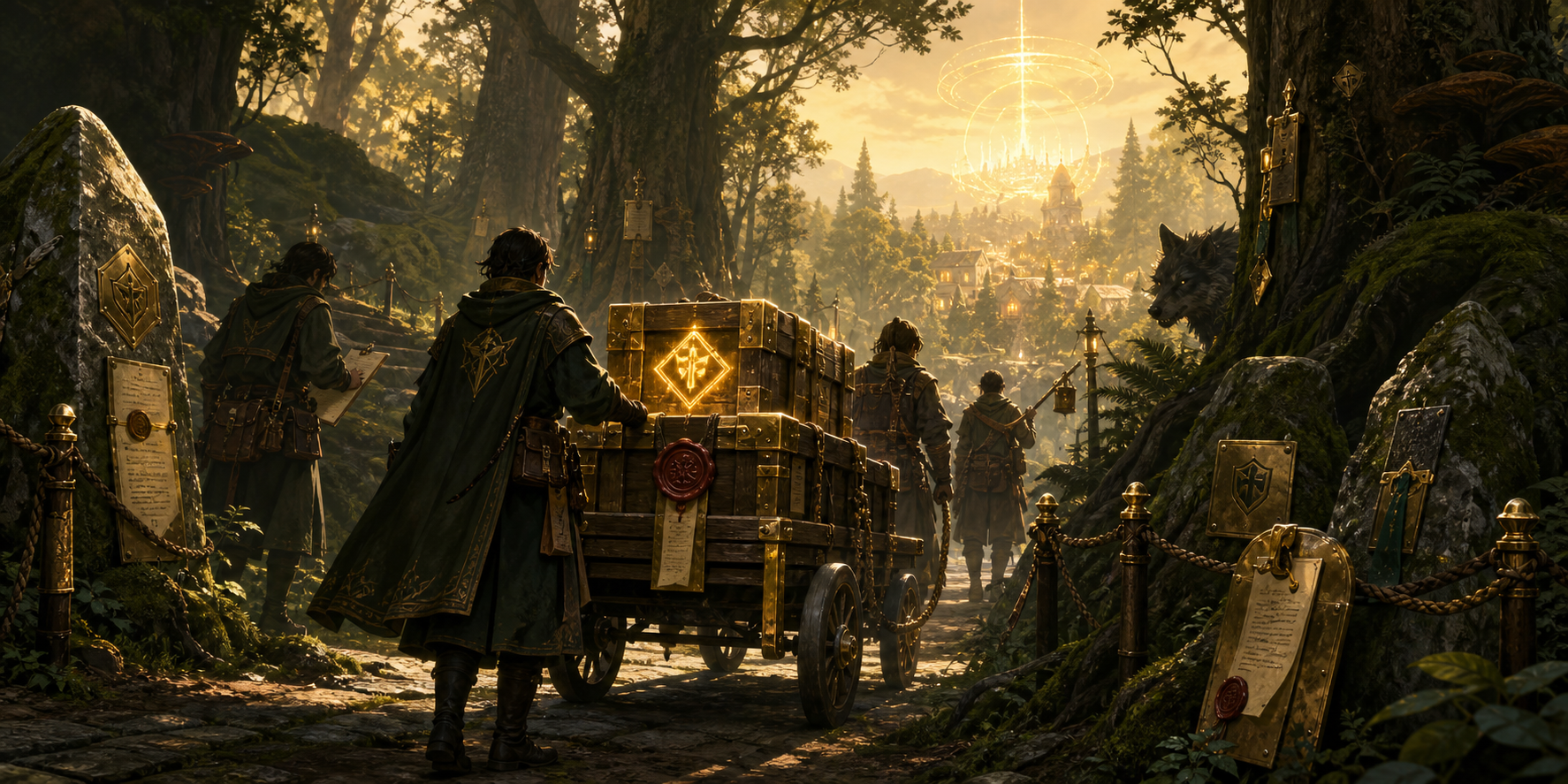 A warm fantasy courier scene in the Sablewood with a cart, glowing forest light, and corporate-fantasy waymarkers.