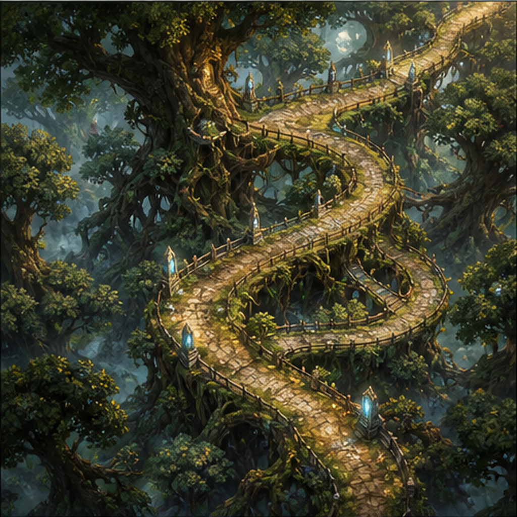 A fantasy image of an old Sablewood canopy road with golden light and ancient trees.