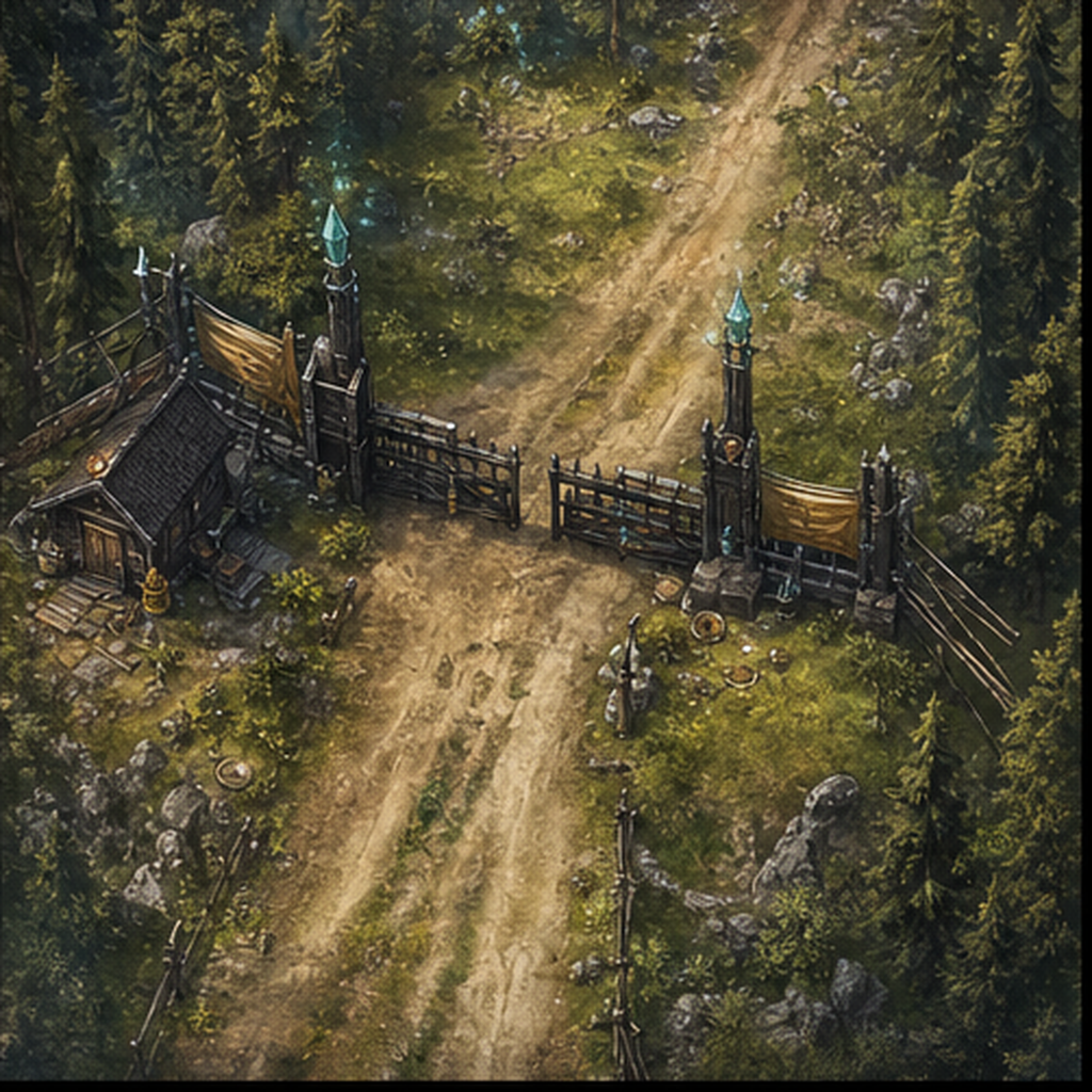 A fantasy location image of the Sablewood route gate with corporate-fantasy road markings and warm forest light.