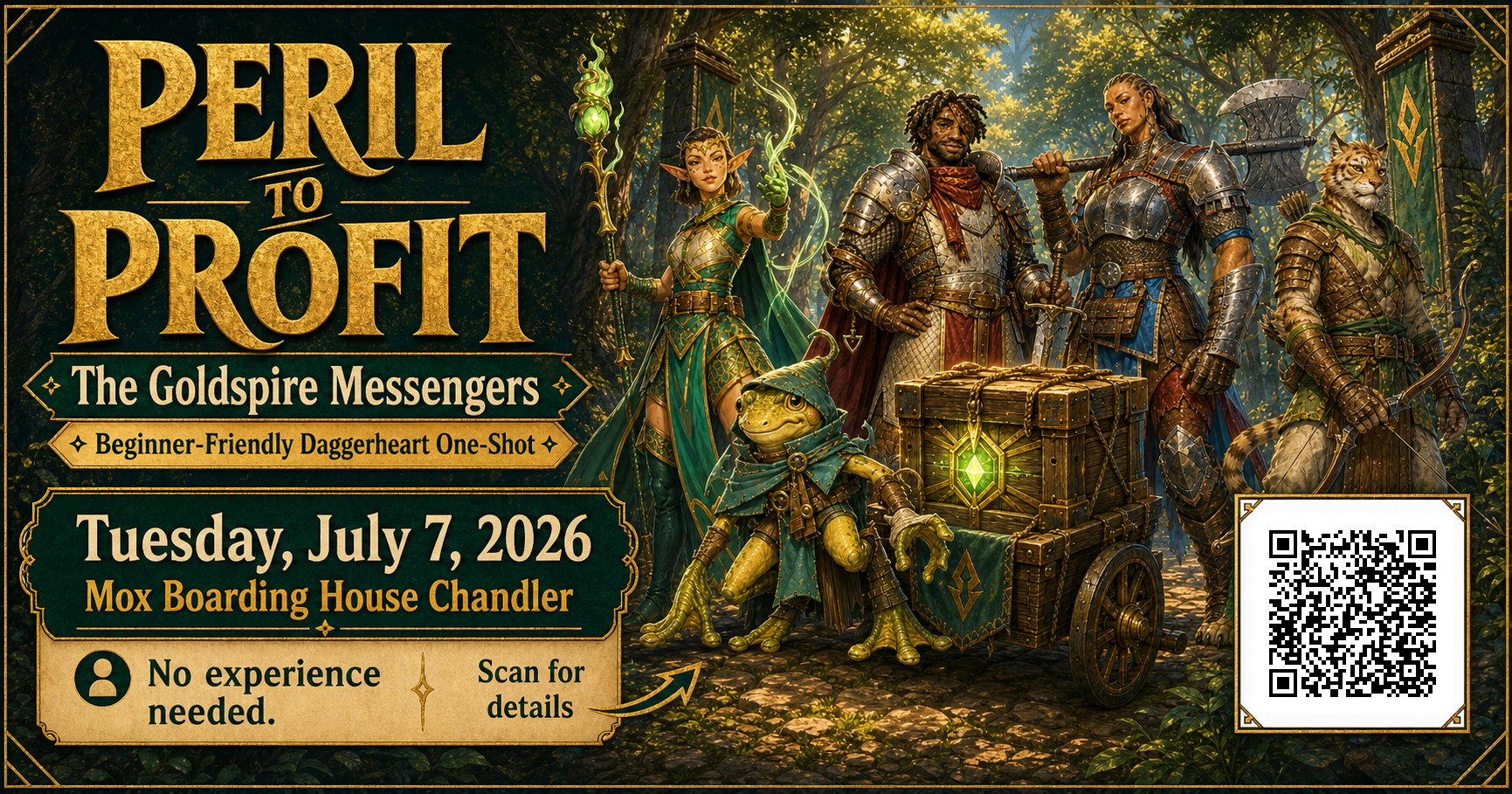 Goldspire Messengers booking poster with QR code for the Mox event listing.