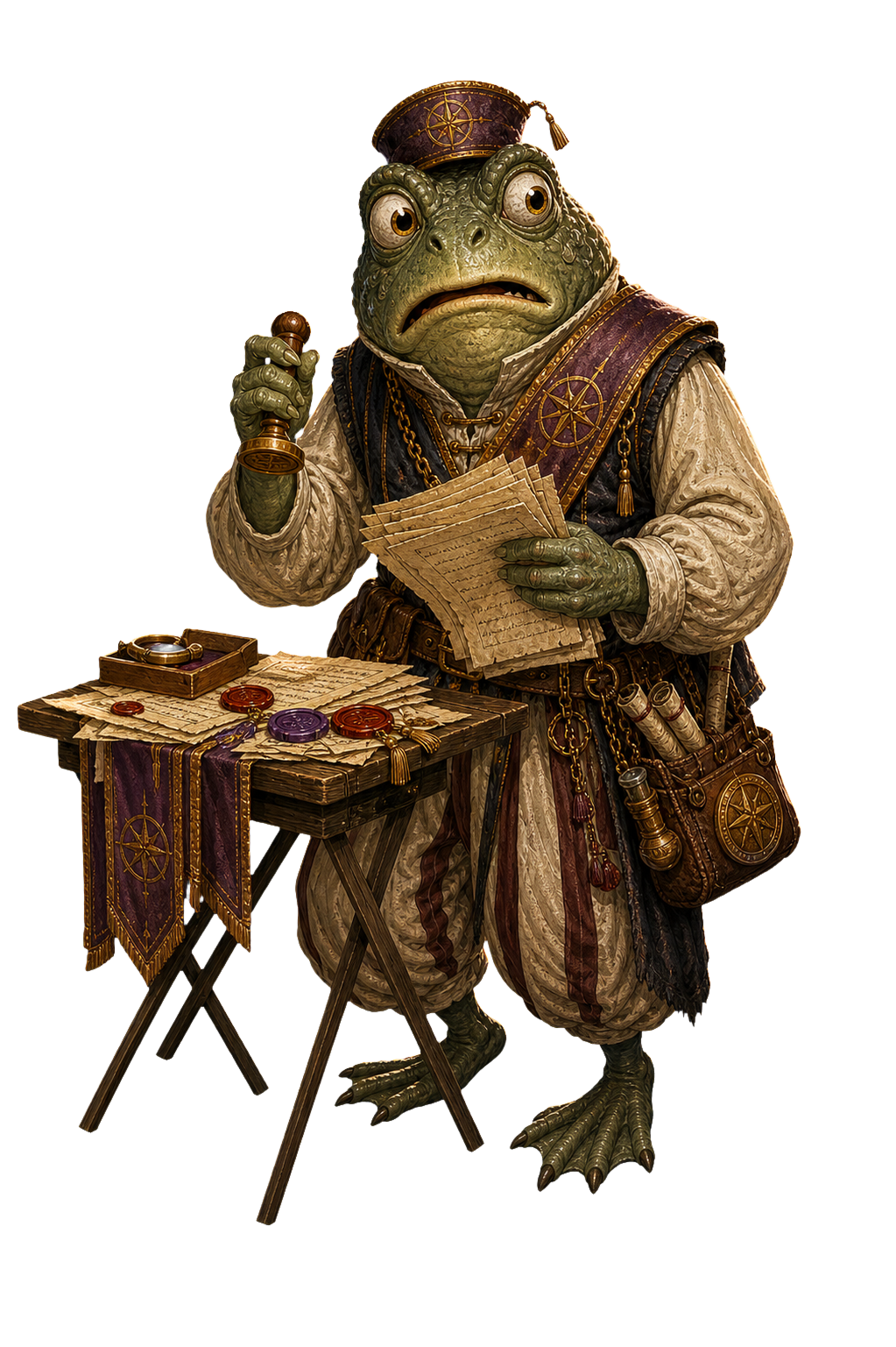 A Goldspire inspector character at a small table with paperwork.