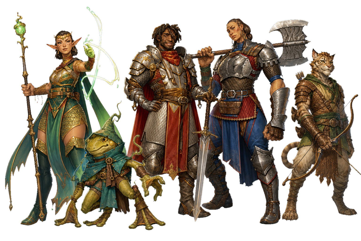Five prepared fantasy courier characters for The Goldspire Messengers standing together as an adventuring party.