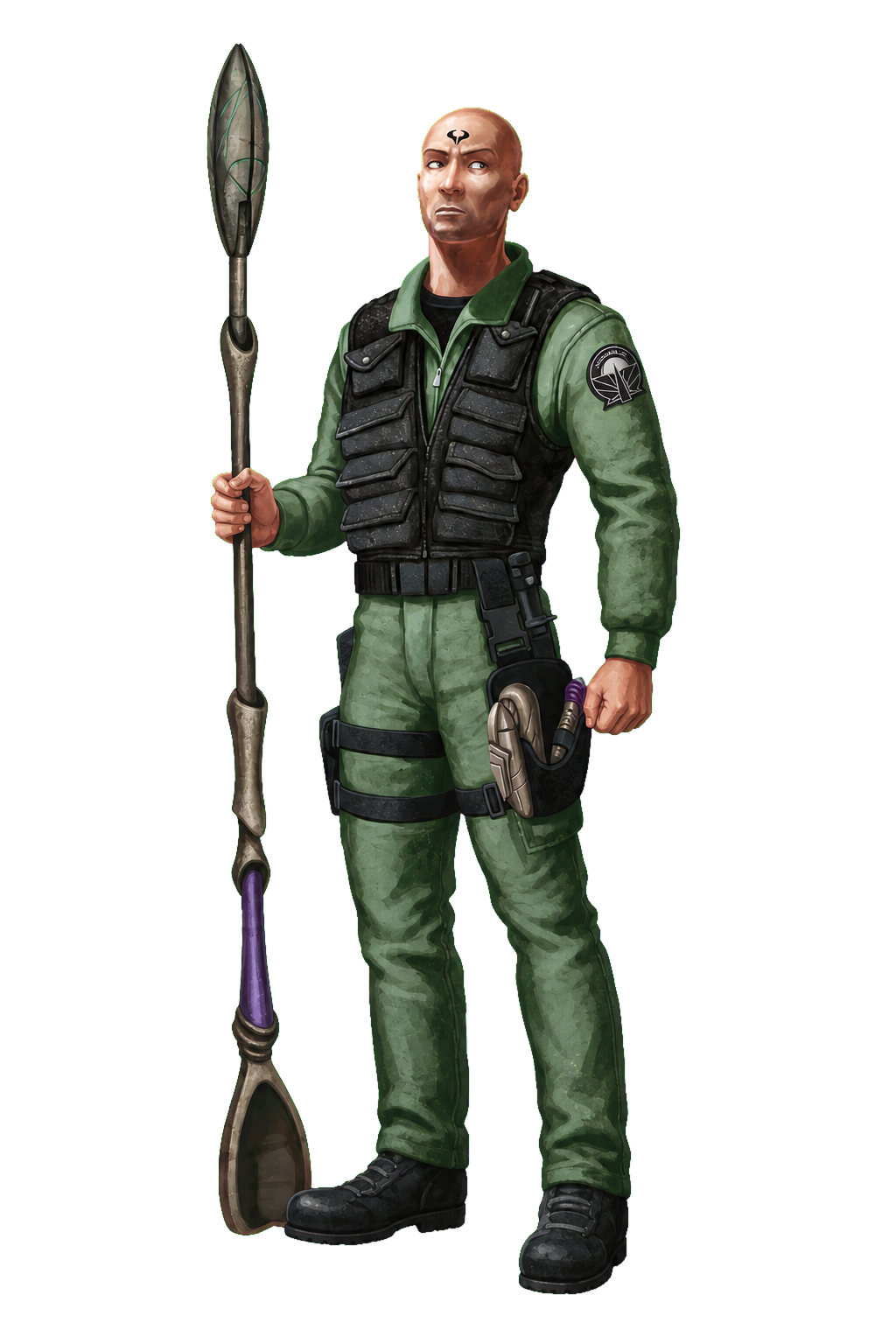A'tir, a Jaffa soldier in olive field gear holding a Ma'Tok staff weapon at rest.