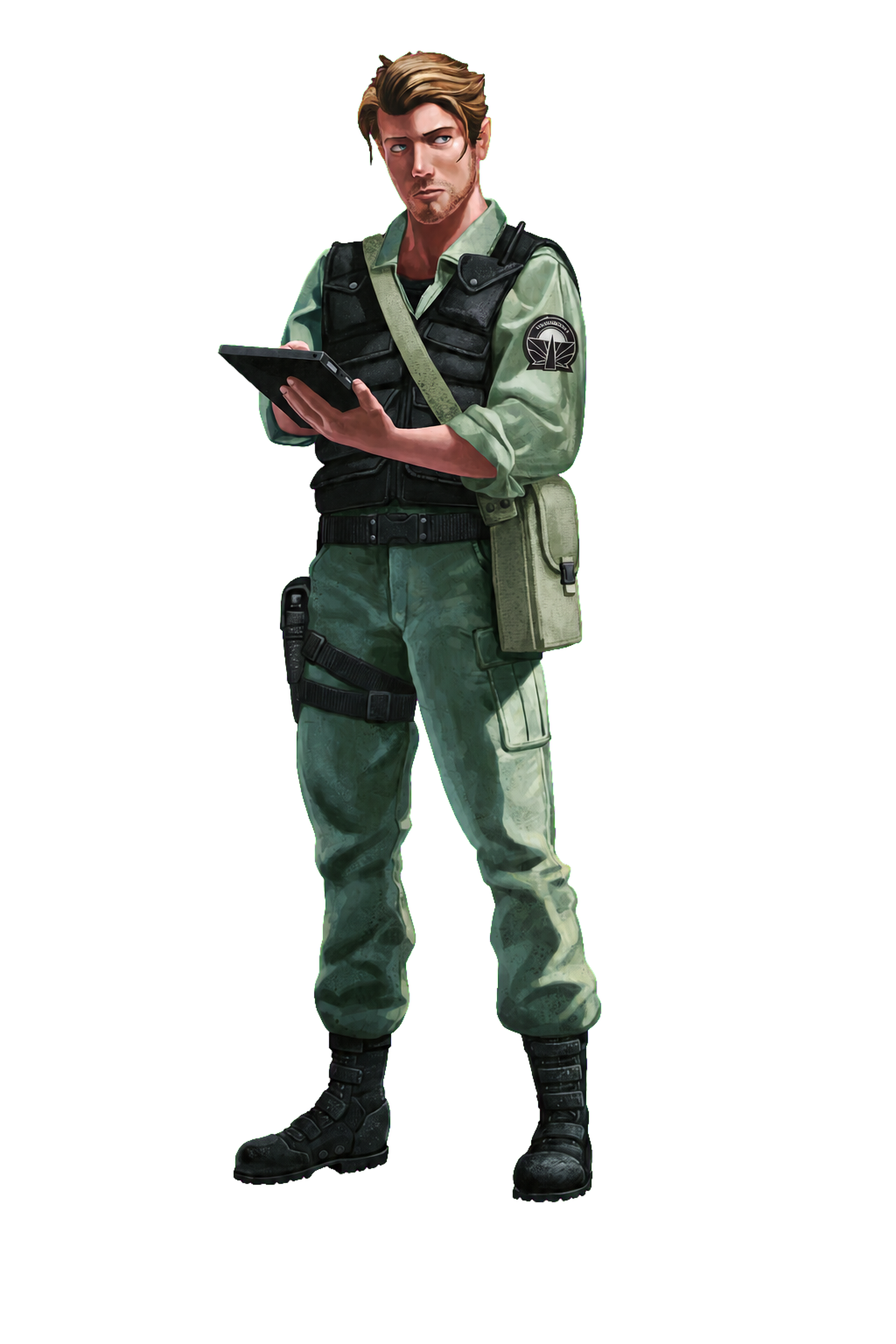 Bervell, an engineer in sage and olive field gear studying a tablet.