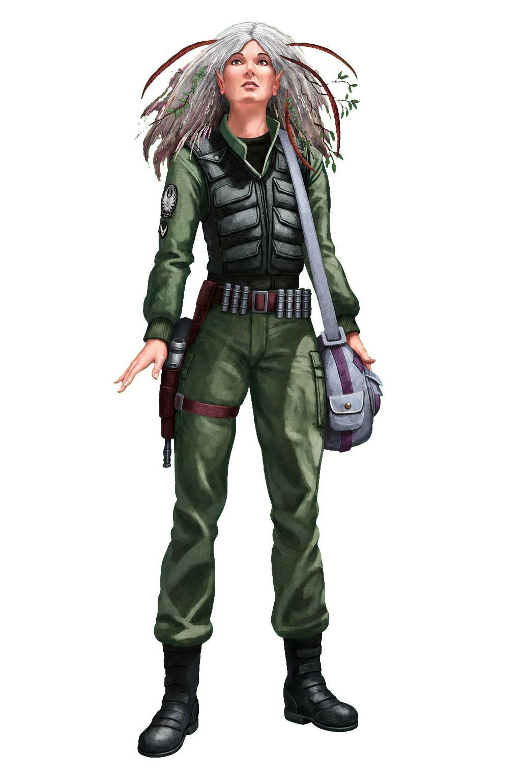 Kulera, a silver-haired medic in green field gear with a crossbody medical satchel.