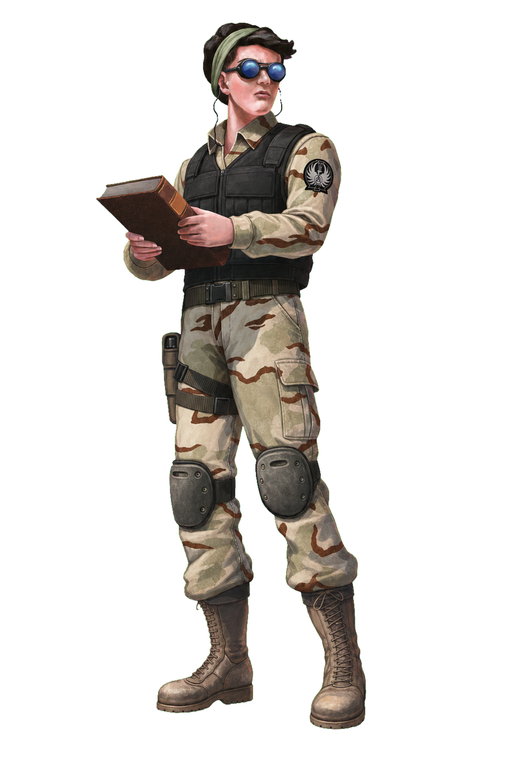 Lanni, a scientist in tan desert fieldwear, black vest, goggles, and knee pads holding a notebook.