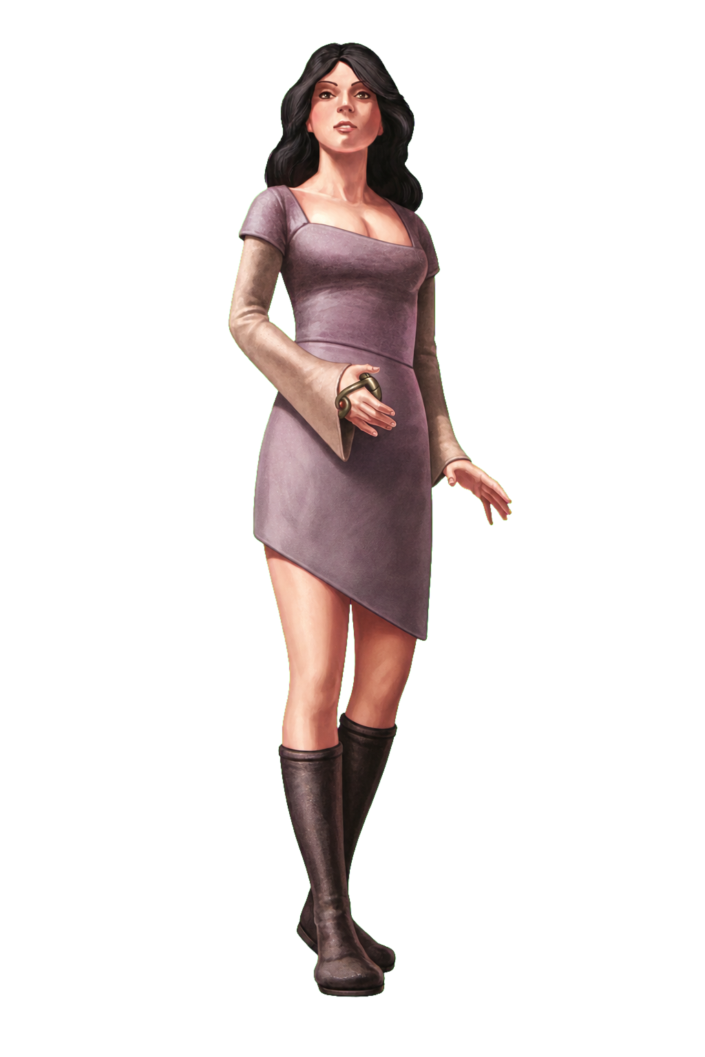 Maste/Bythal, a dark-haired diplomat in a taupe-lilac dress and tall boots.