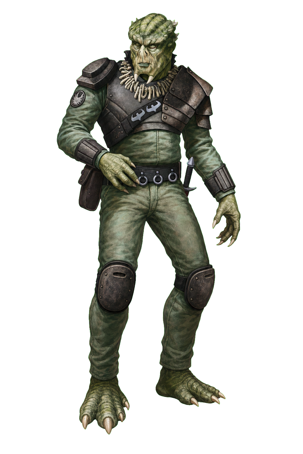 Oringo, an Unas scout in green field clothing and layered dark armor.