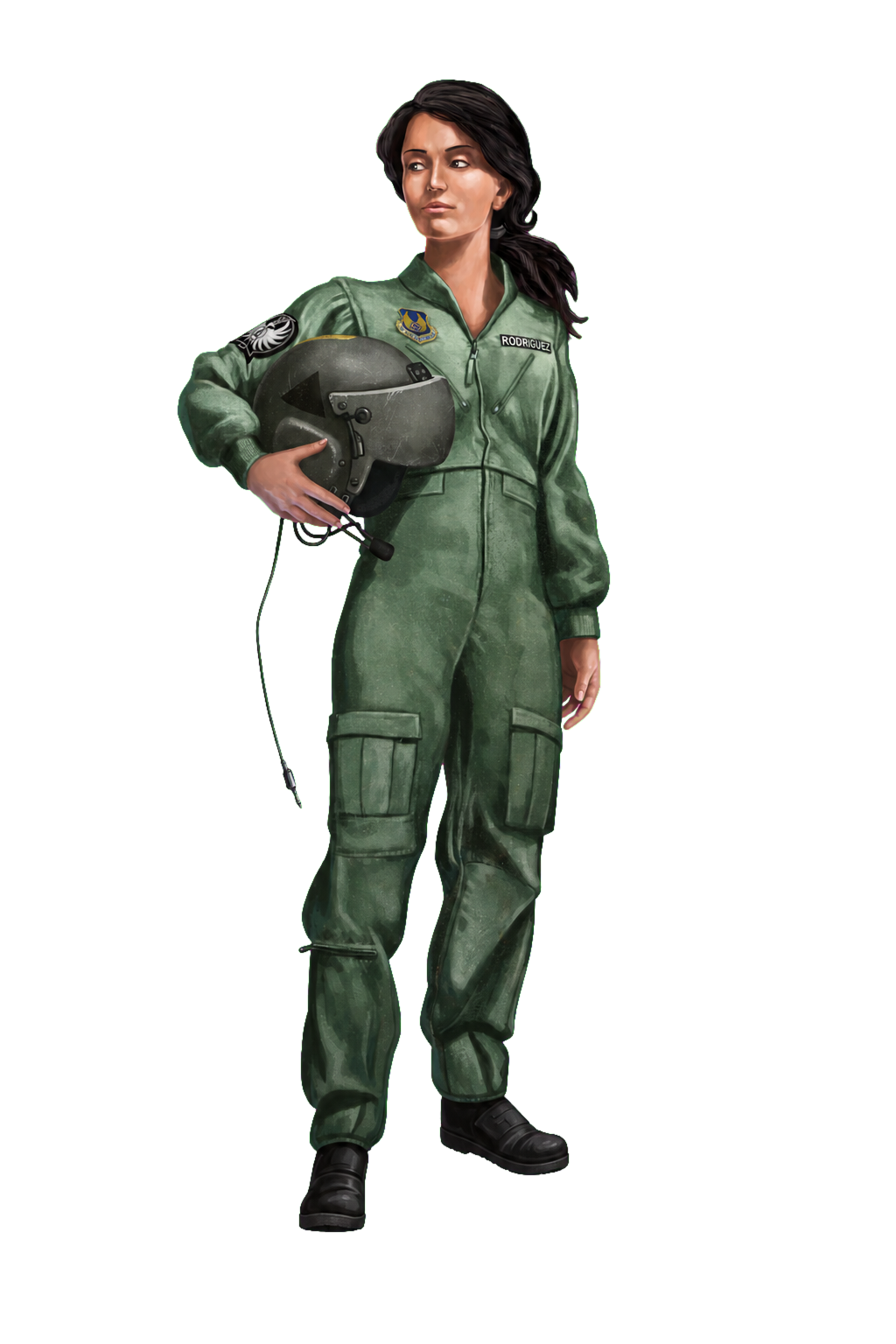 Capt. Selena Rodriguez, a pilot in an olive flight suit holding a gray helmet.