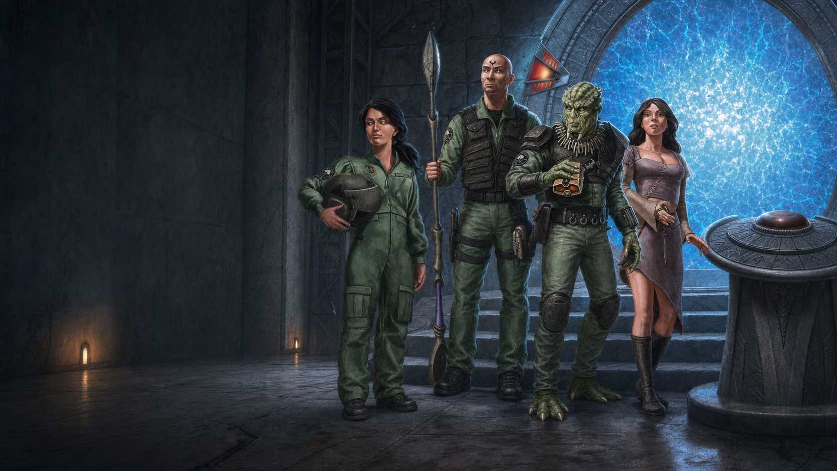 Four Stargate PHX heroes stand in front of an active Stargate.
