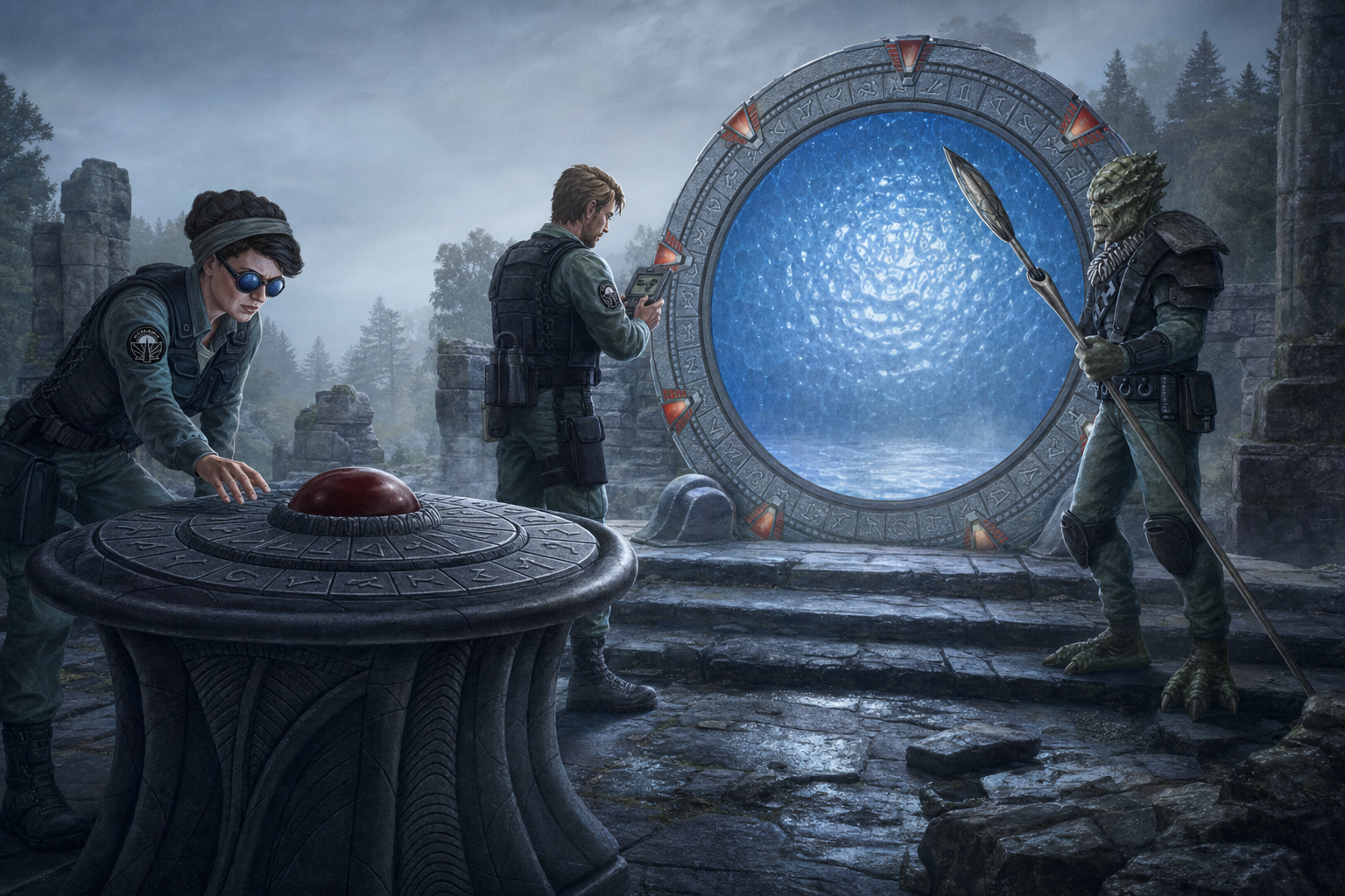 Lanni studies a Stargate dialing device while Bervell examines field technology and Oringo watches beside an active Stargate.