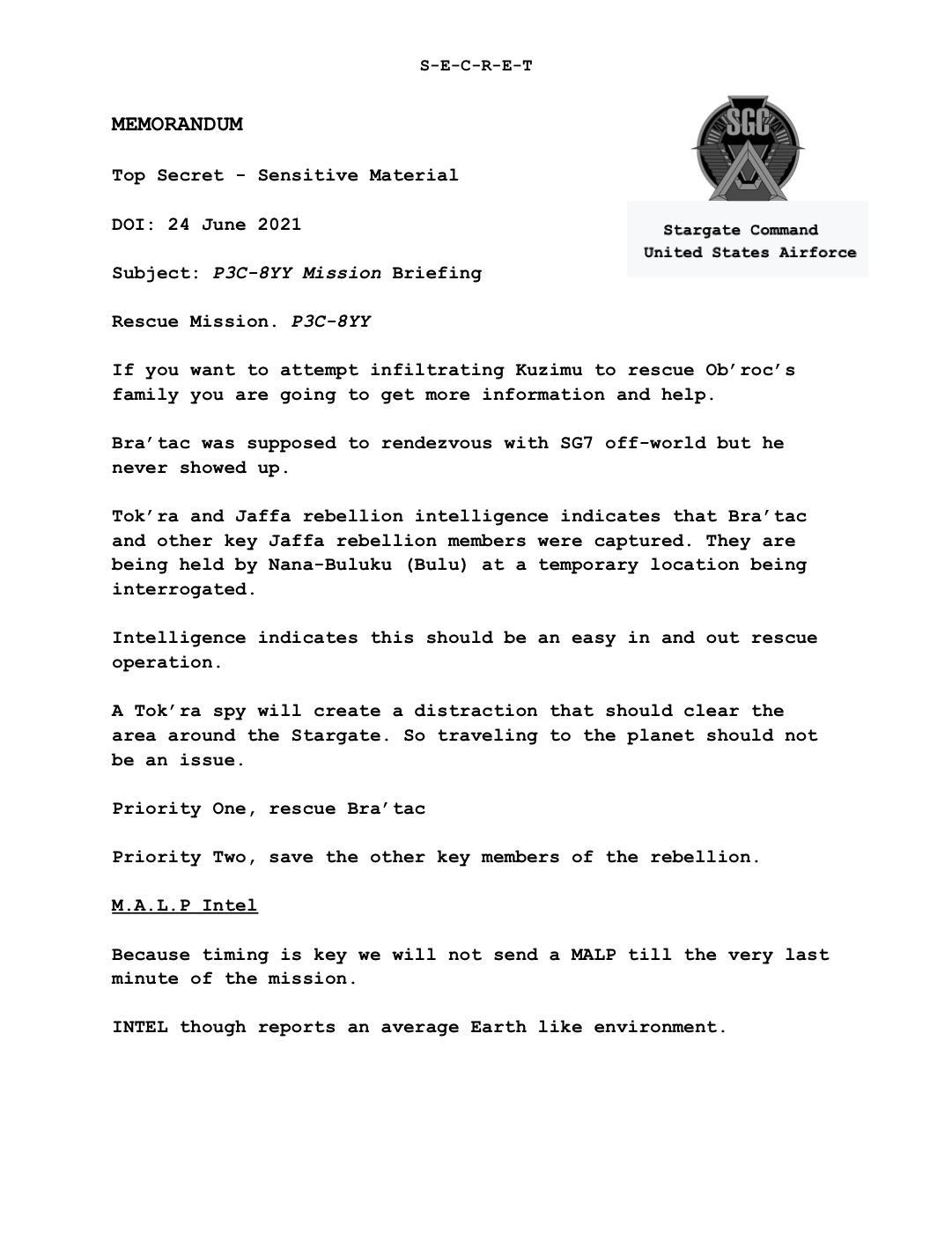 Preview image of an SG-1 mission briefing PDF used as a table-facing mission document.