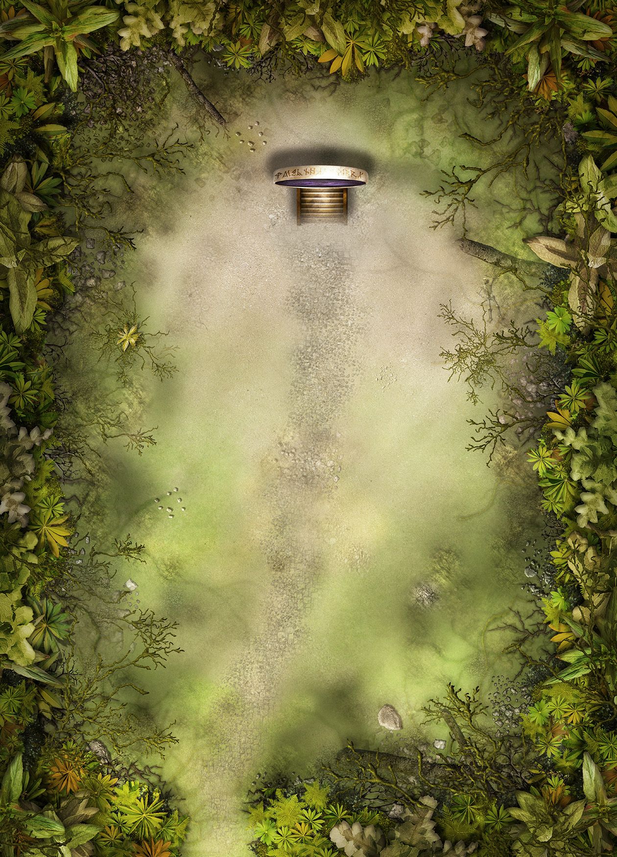 Prepared Stargate RPG map showing a forest clearing with a gate platform and path through the terrain.