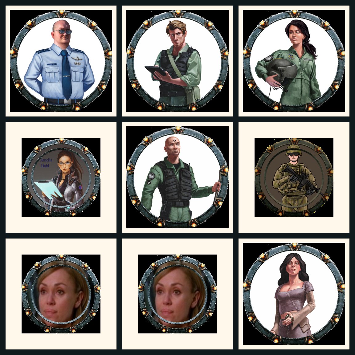 Contact sheet of Echoes of Stargate character and NPC tokens arranged on a dark campaign surface.