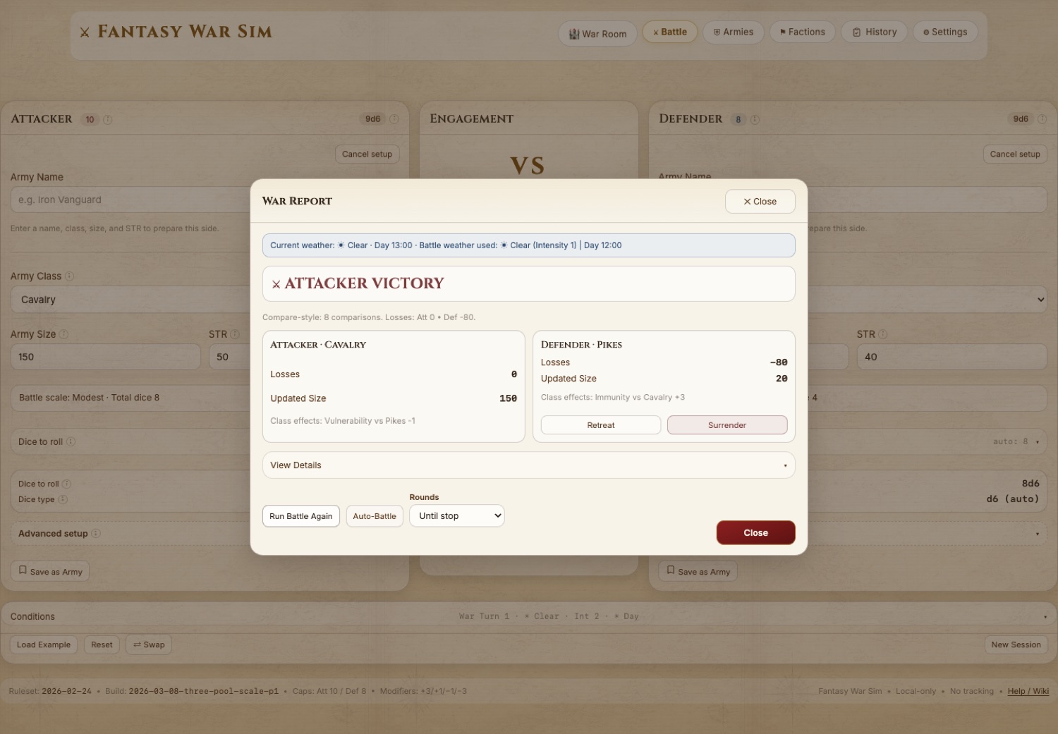 Fantasy War Sim battle result screenshot showing a resolved battle report and outcome details.