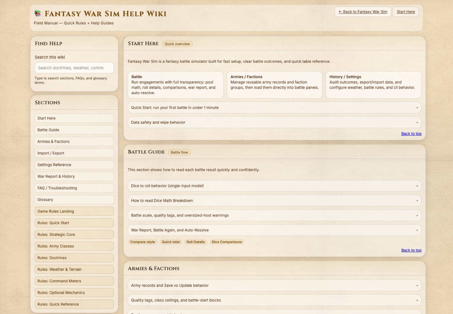 Fantasy War Sim help wiki screenshot with documentation for importing armies, factions, and doctrines.