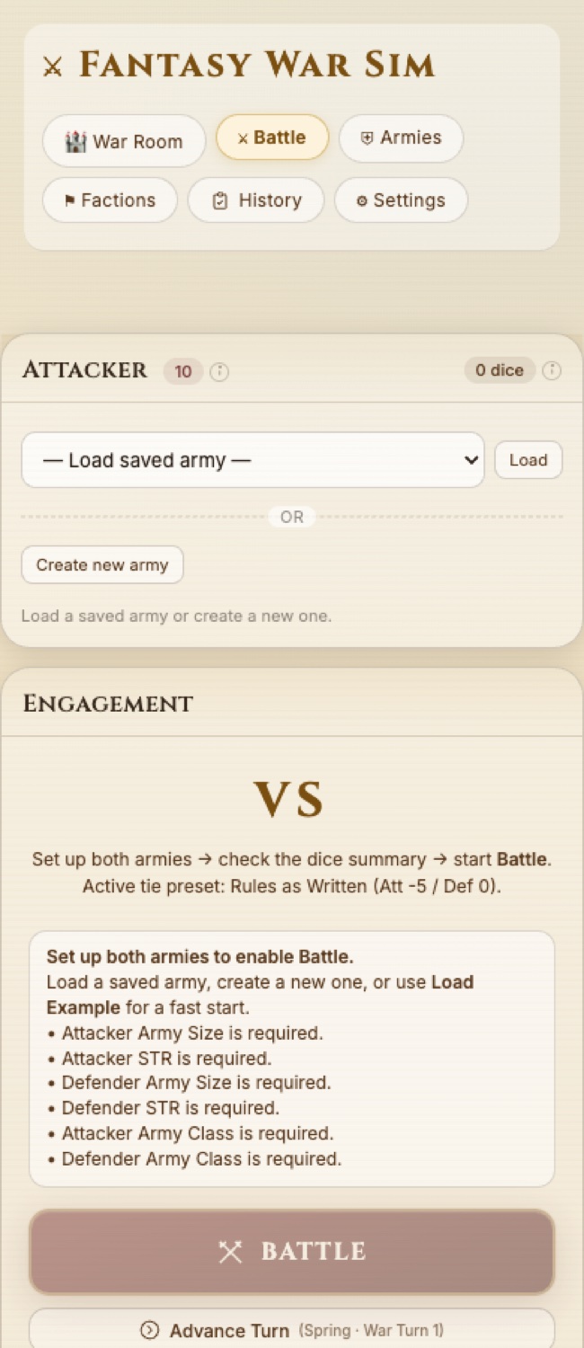 Mobile screenshot of Fantasy War Sim showing responsive simulator controls.
