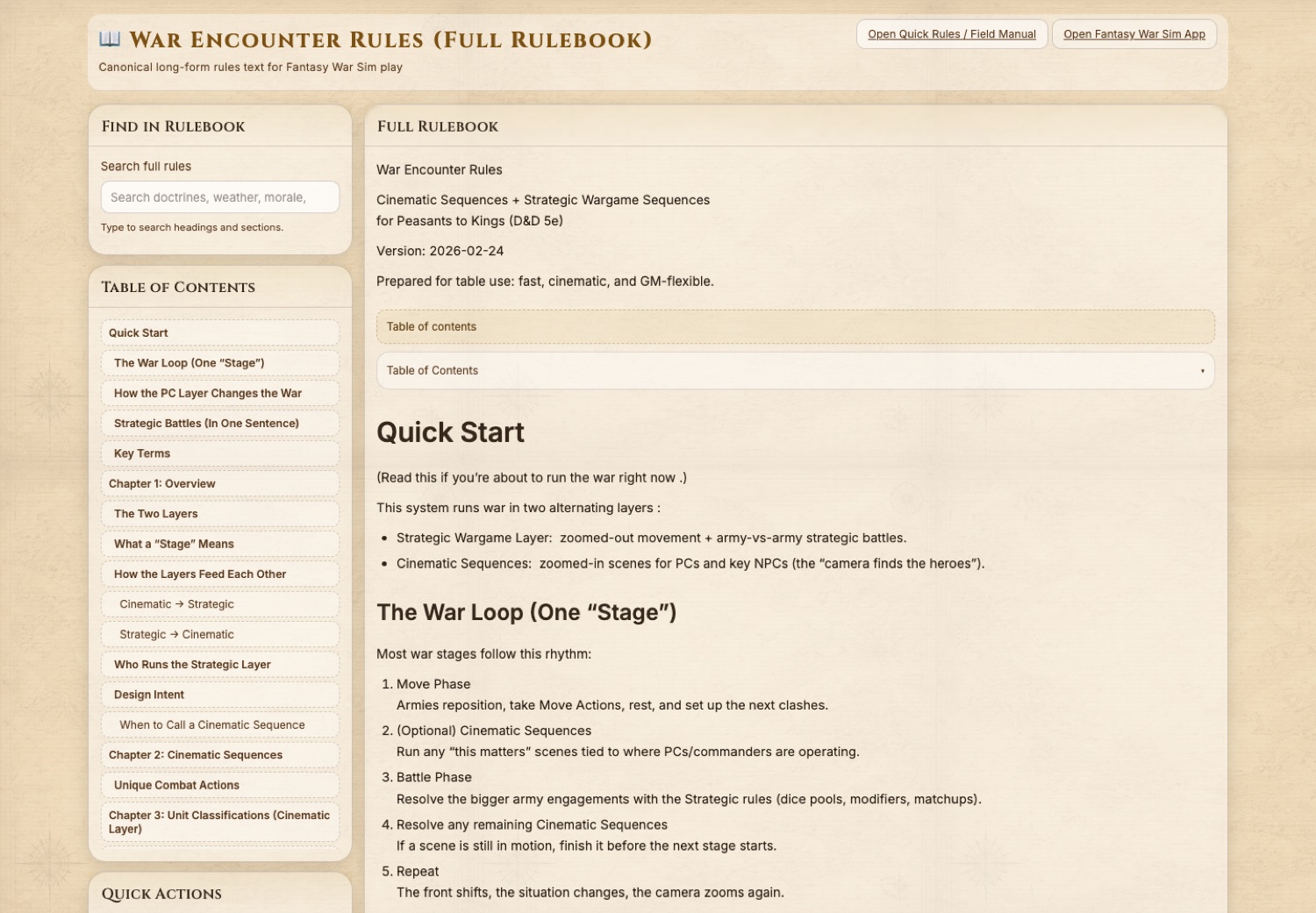 Fantasy War Sim rulebook screenshot with table-facing war encounter guidance.