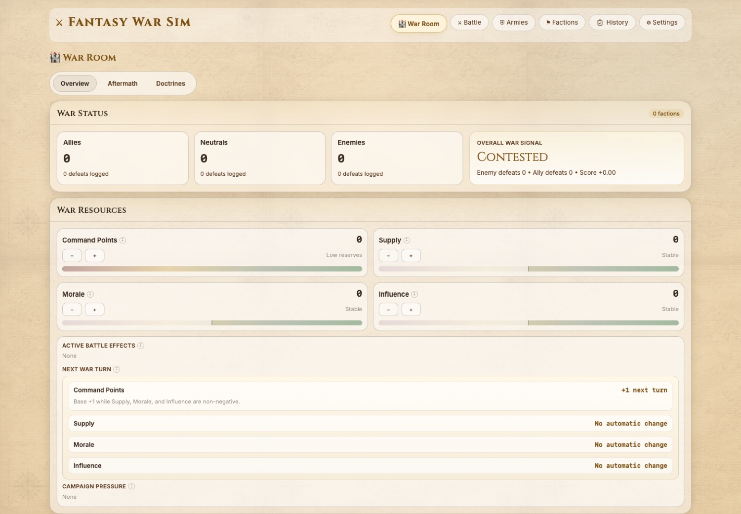 Fantasy War Sim War Room screenshot showing campaign-scale war state, faction totals, meters, doctrines, and battle history.