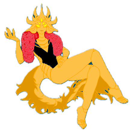 Golden Peasants to Kings character art with a glowing antler-like crown, red fur shawl, and flowing tail.