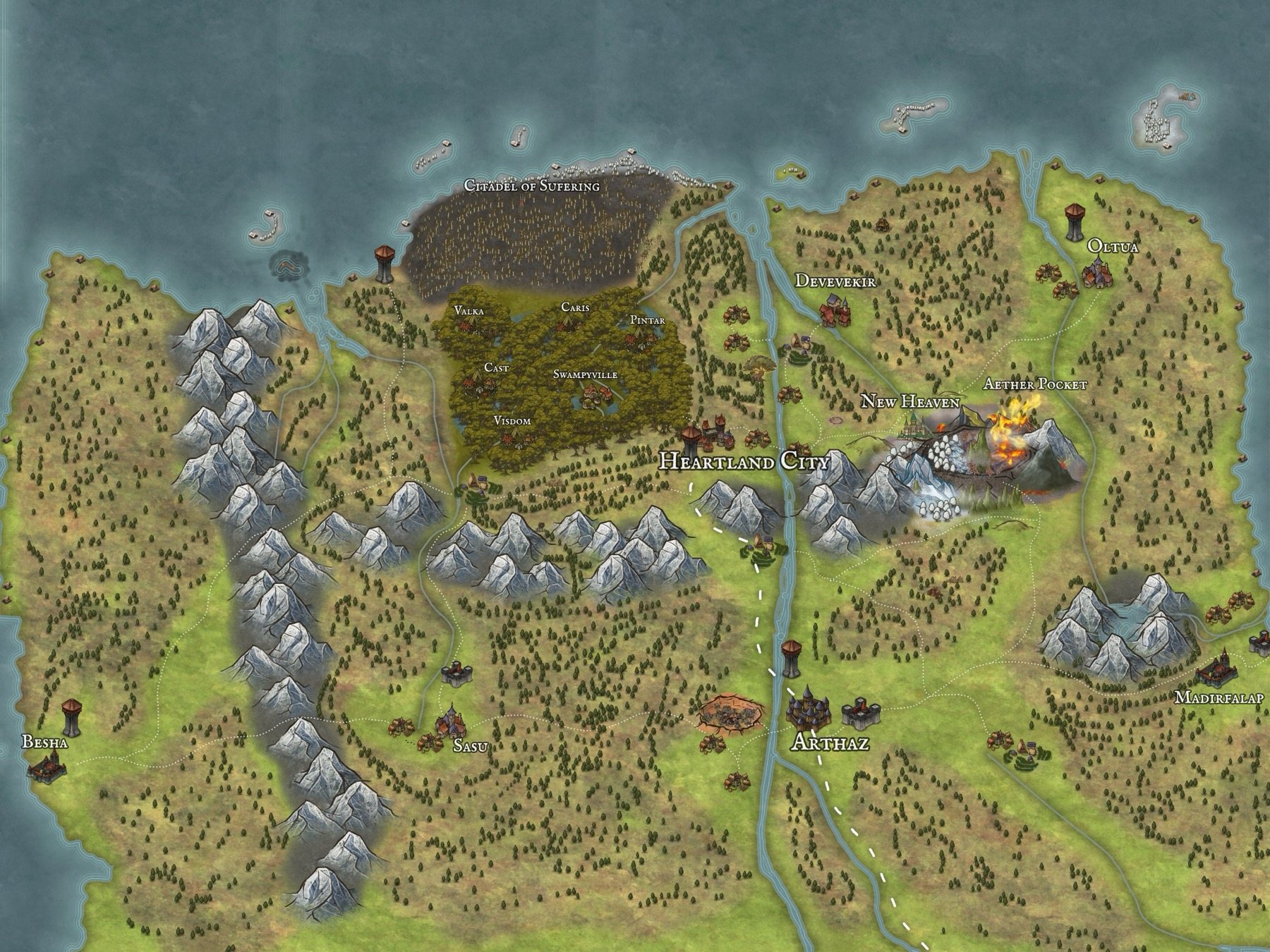 Illustrated regional fantasy map centered on Heartland City, with labeled settlements, roads, mountains, forests, islands, and major campaign locations.
