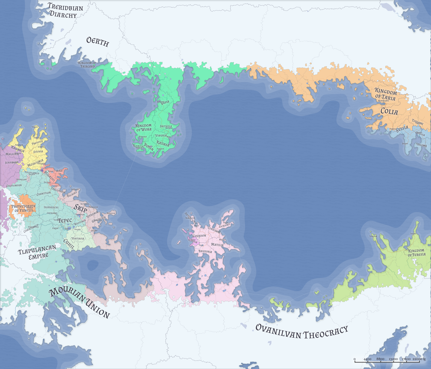 A labeled fantasy world map with multiple kingdoms, seas, borders, and island regions from the Peasants to Kings setting.