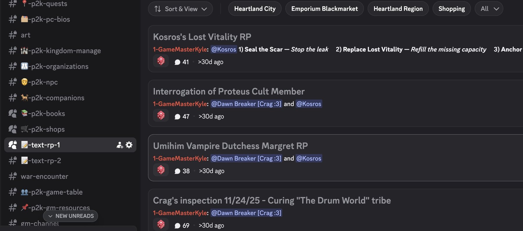 Discord screenshot showing Peasants to Kings channels and text roleplay threads with character names, reply counts, and campaign organization channels.
