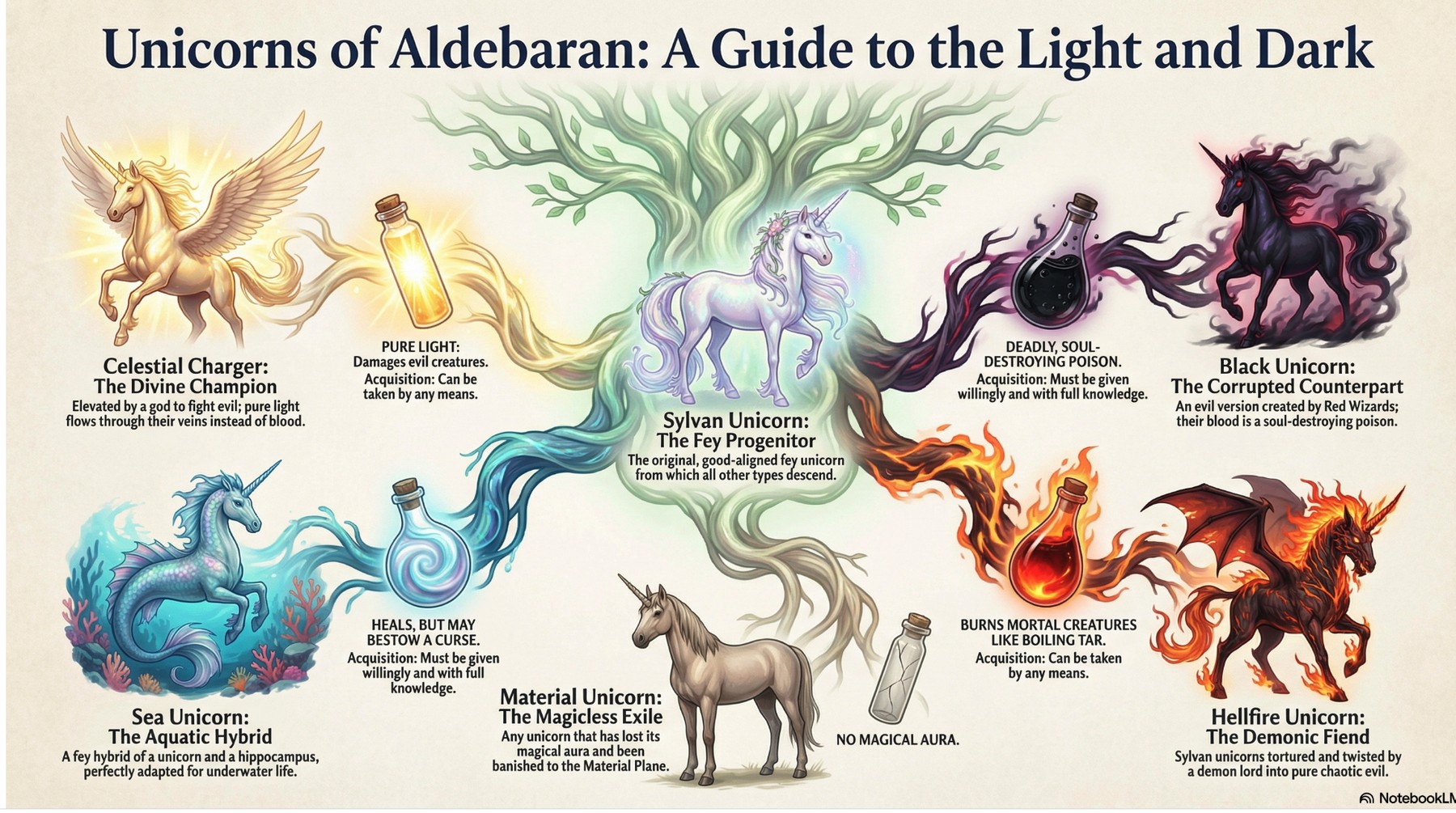 Illustrated lore guide titled Unicorns of Aldebaran: A Guide to the Light and Dark, showing celestial, sylvan, sea, material, black, and hellfire unicorn variants with short rules and story notes.