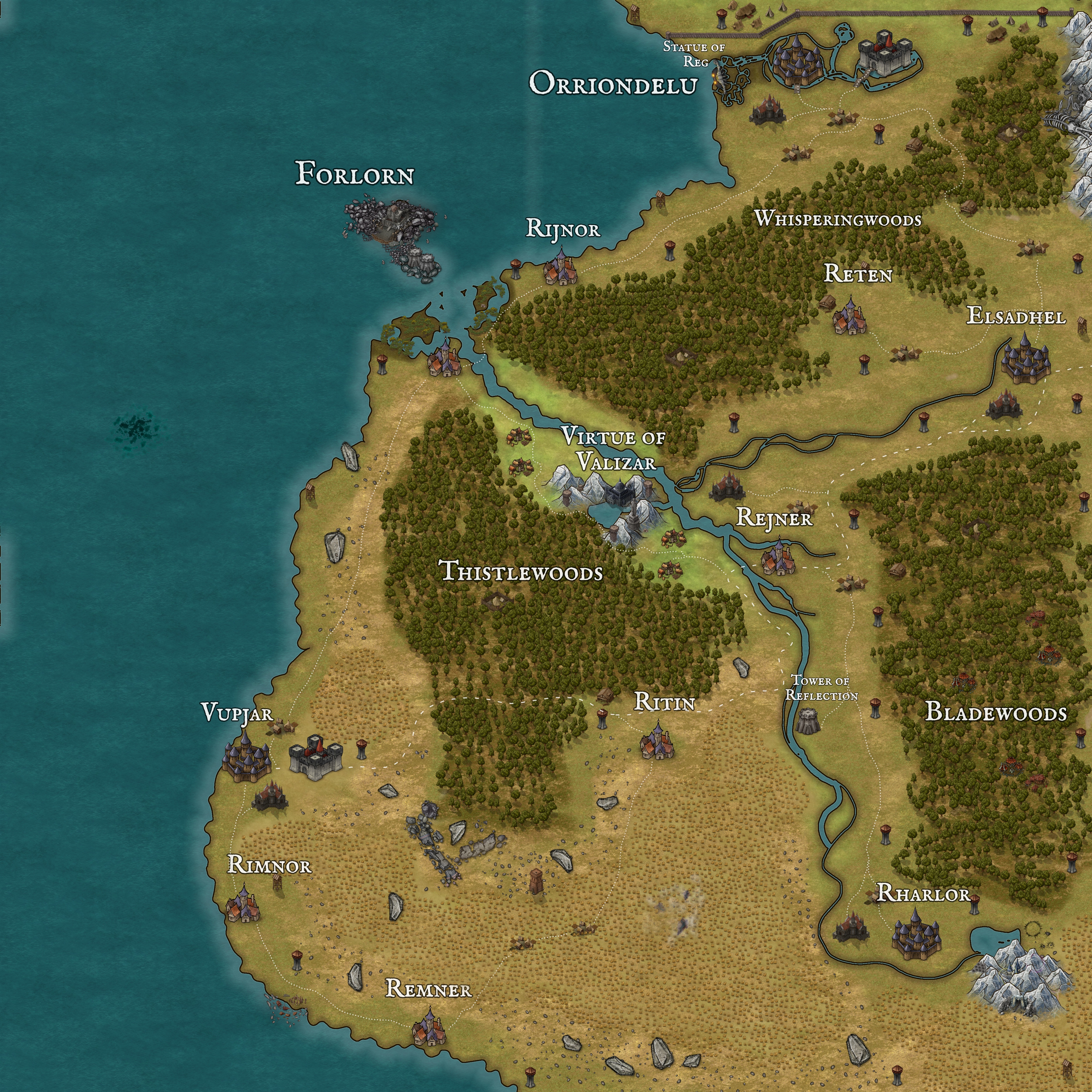 Campaign map section showing Valizar, Orriondelu, Rijinor, Rejner, and surrounding roads, forests, coast, and settlements.