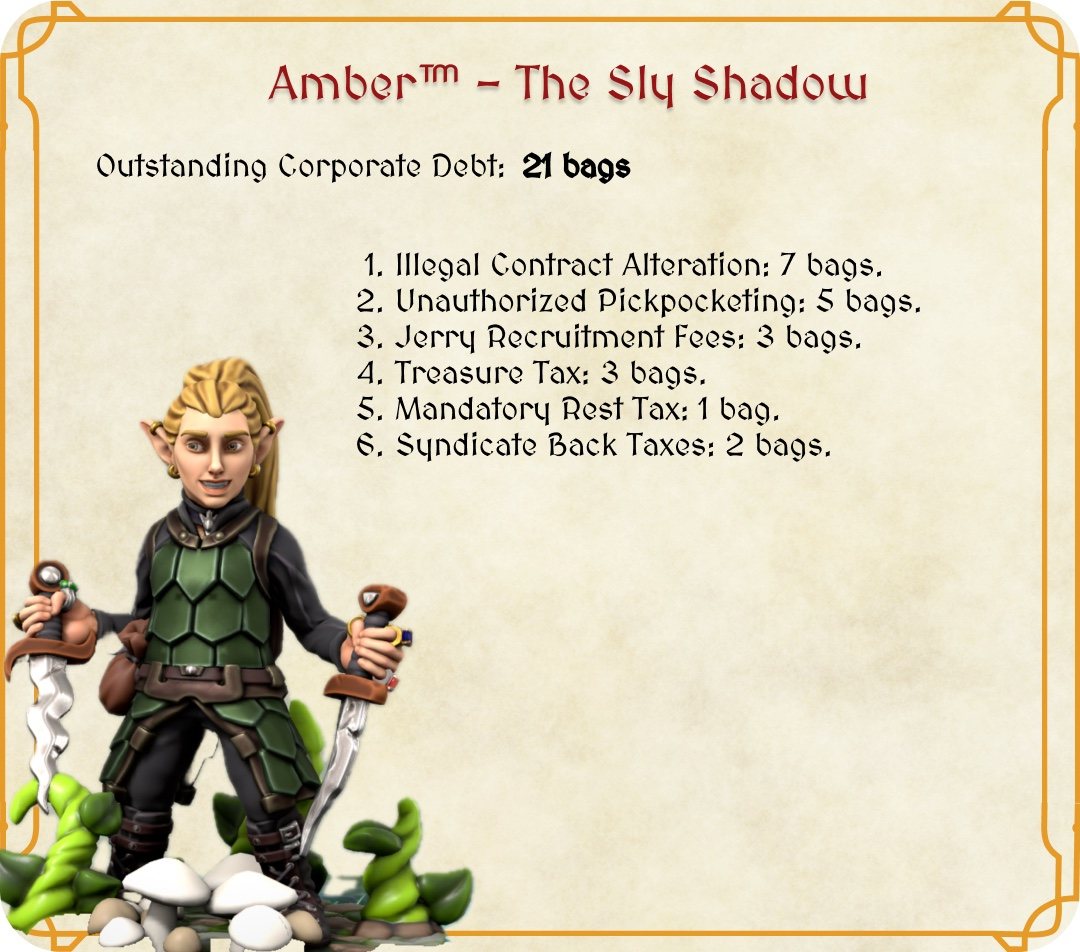 A character card for Amber, the Sly Shadow, listing 21 bags of outstanding corporate debt across six humorous debt categories.