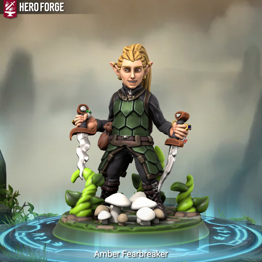 Hero Forge screenshot of Amber Fearbreaker, a Peril to Profit player character, standing on a glowing fantasy base.