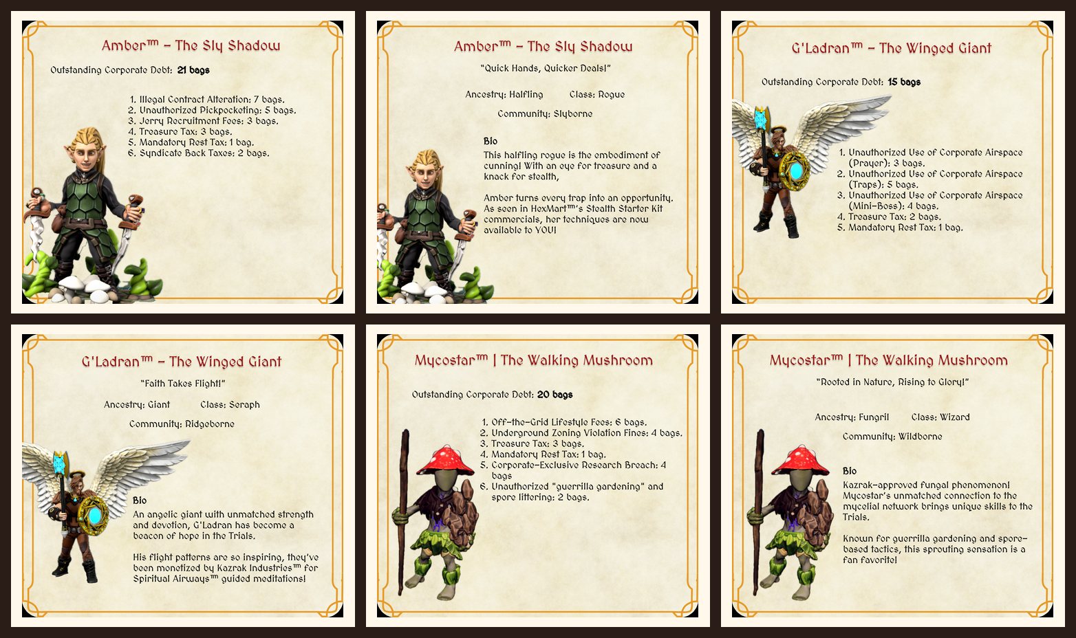 Contact sheet of Peril to Profit character bio and debt artifacts for Amber, GLadran, and Mycostar.