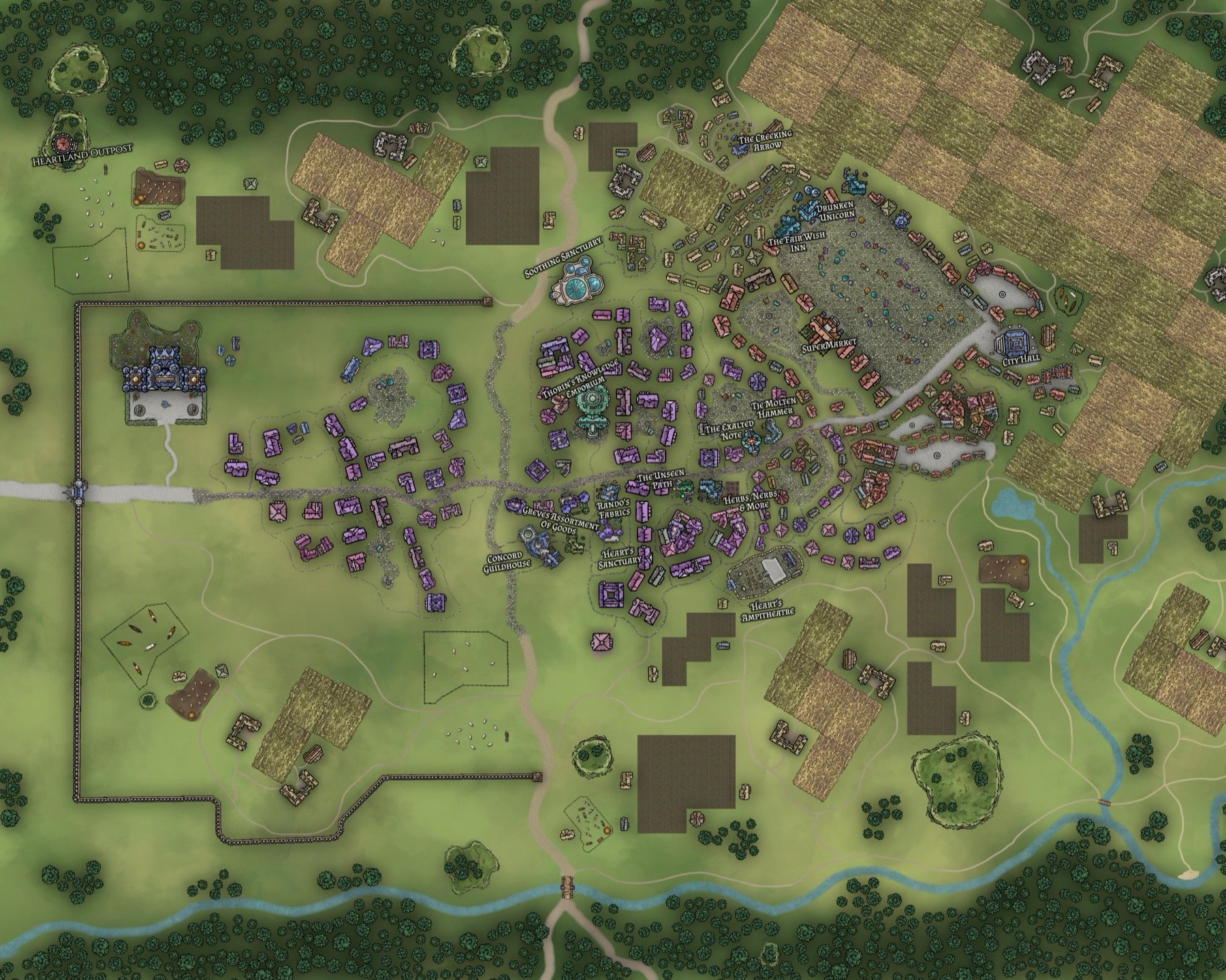A detailed overhead fantasy city map labeled with taverns, shops, guild spaces, city hall, farms, roads, and surrounding terrain.
