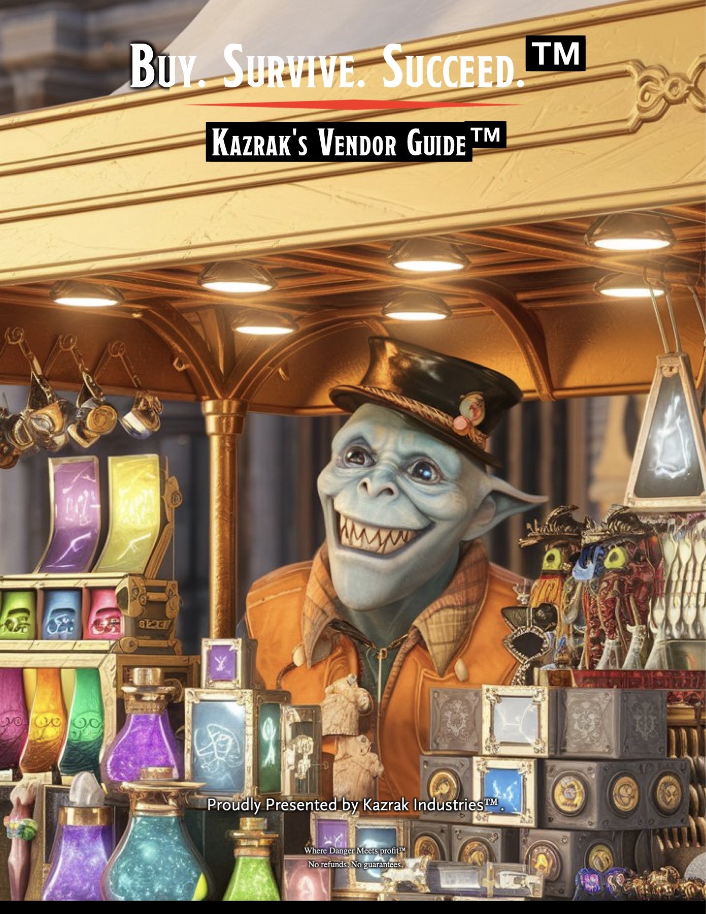 A Peril to Profit vendor guide cover reading Buy. Survive. Succeed. with a smiling fantasy vendor at a magical shop counter.