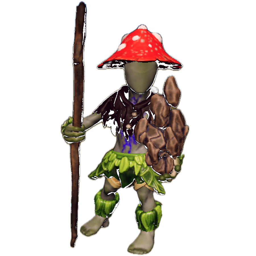 Mycostar, lopchop's mushroom-like Peril to Profit character, holding a staff and clustered stones.