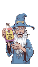 Decorative Peril to Profit wizard prop holding a Potion of Employee Resilience bottle.