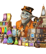 Decorative Peril to Profit vendor stall packed with potions, trinkets, magical merchandise, and bright shop lights.