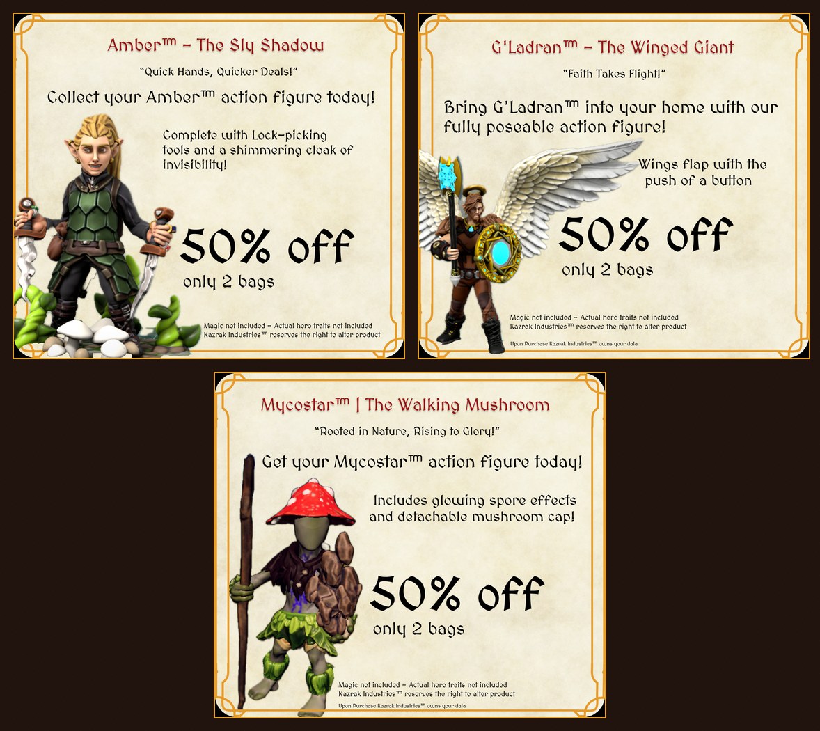 Contact sheet of three Peril to Profit toy advertisement cards for Amber, G'Ladran, and Mycostar with action-figure jokes and 50 percent off pricing.