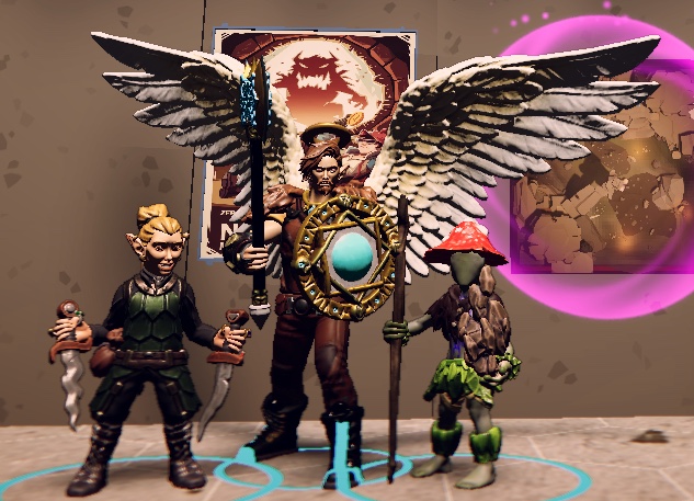 Three fantasy character miniatures stand in a virtual tabletop scene with glowing selection rings, including a rogue, a winged armored figure, and a small mushroom-like character.