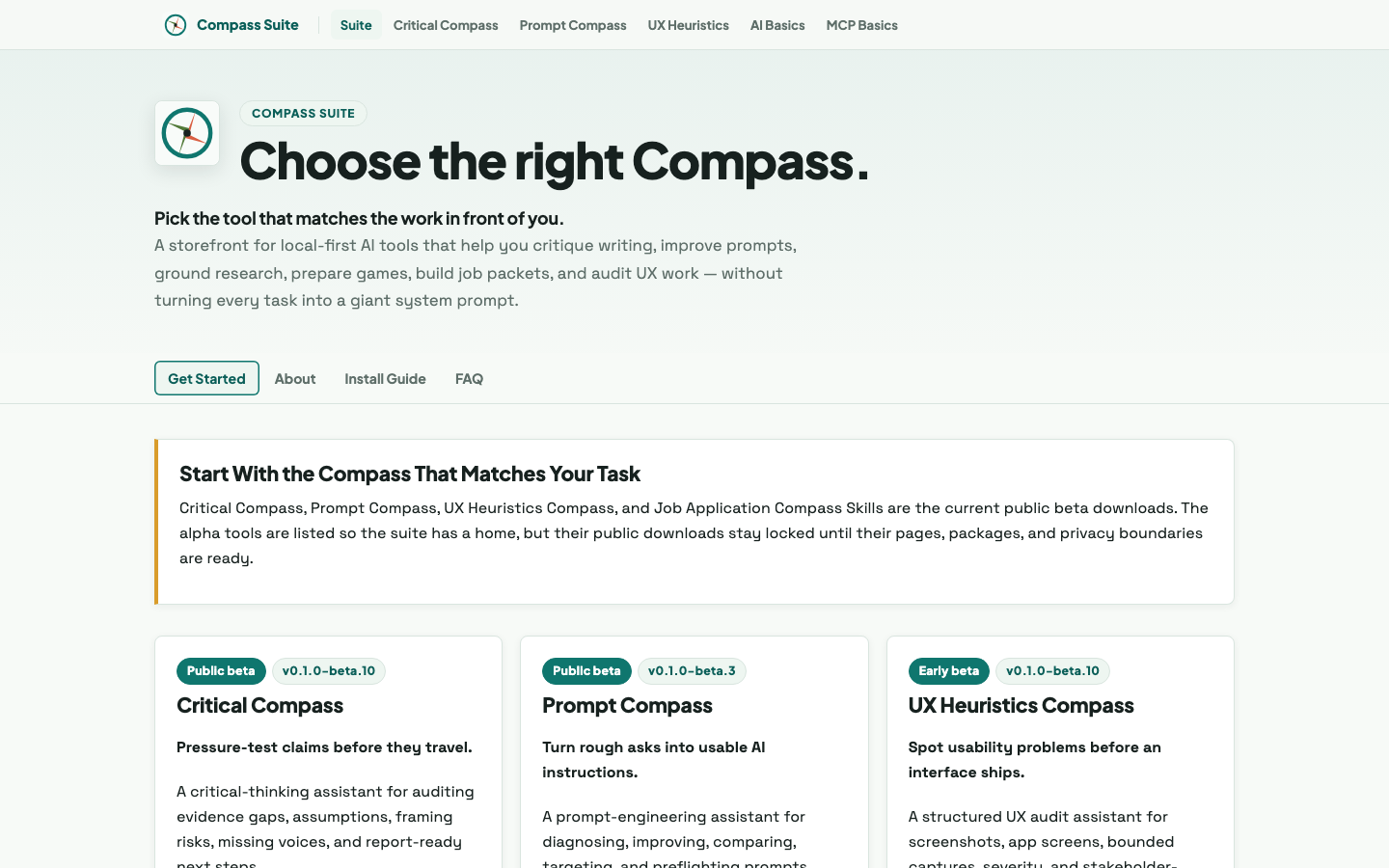 Screenshot of the Compass Suite public landing page with focused cards for decision-support tools.