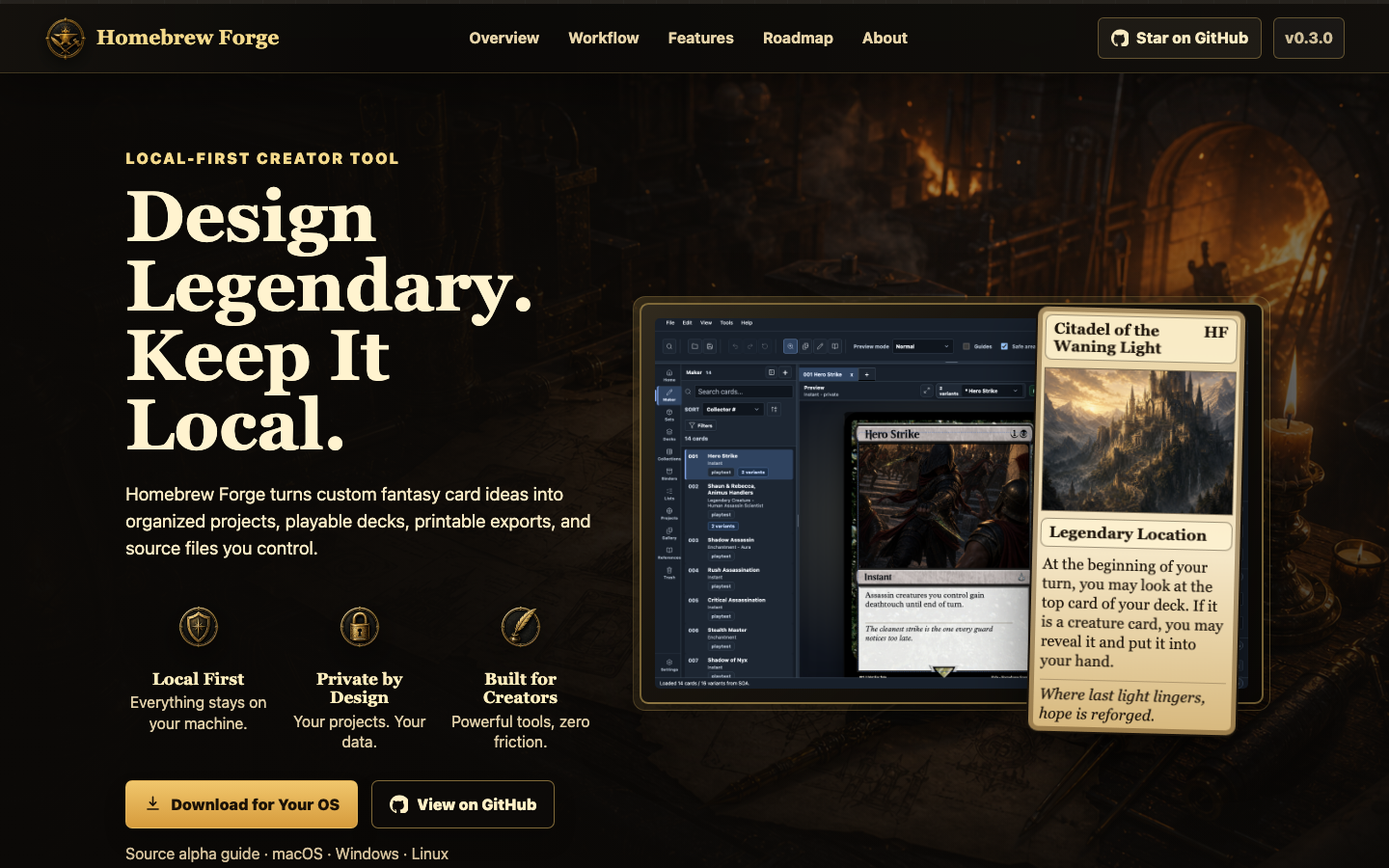 Screenshot of the Homebrew Forge public artifact with a dark forge-themed hero and condition-system project cards.