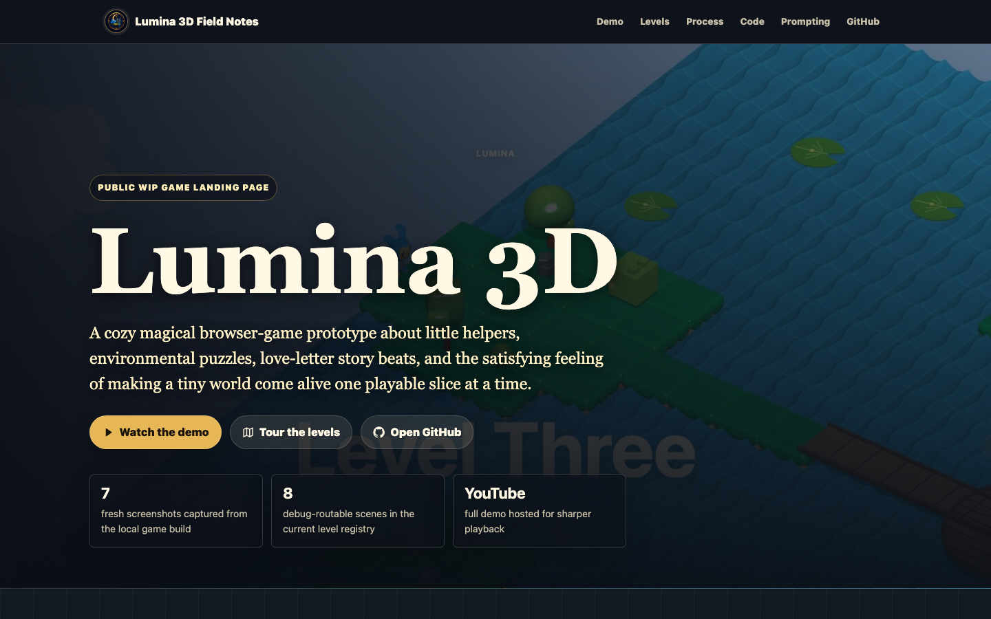 Screenshot of the Lumina 3D Field Notes shareable with a gameplay background and project-progress proof sections.