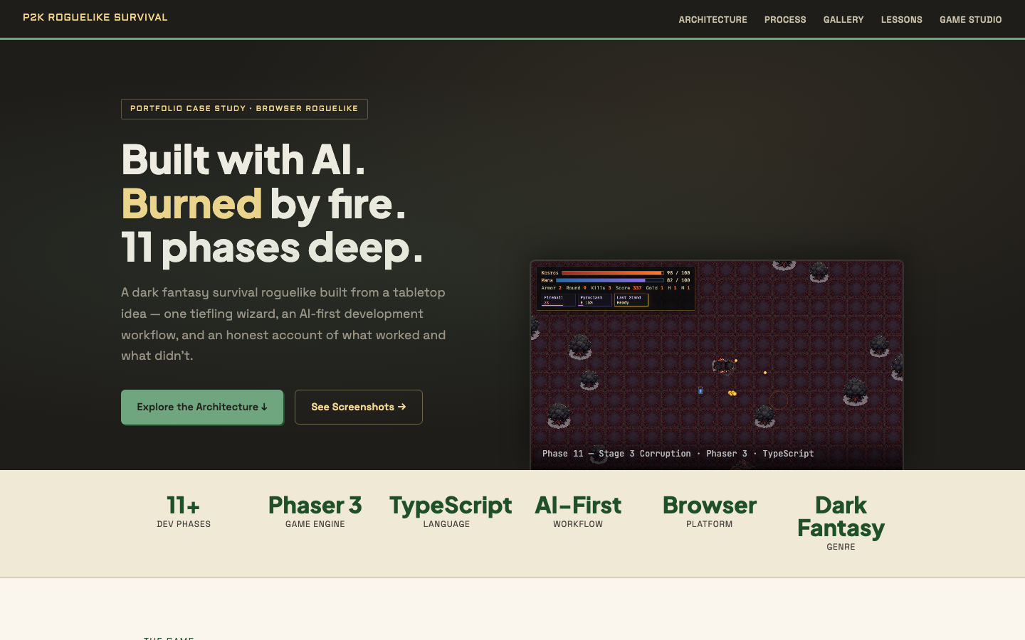Screenshot of the P2K roguelike survival architecture shareable with a dark survival-game landing page and gameplay proof panel.