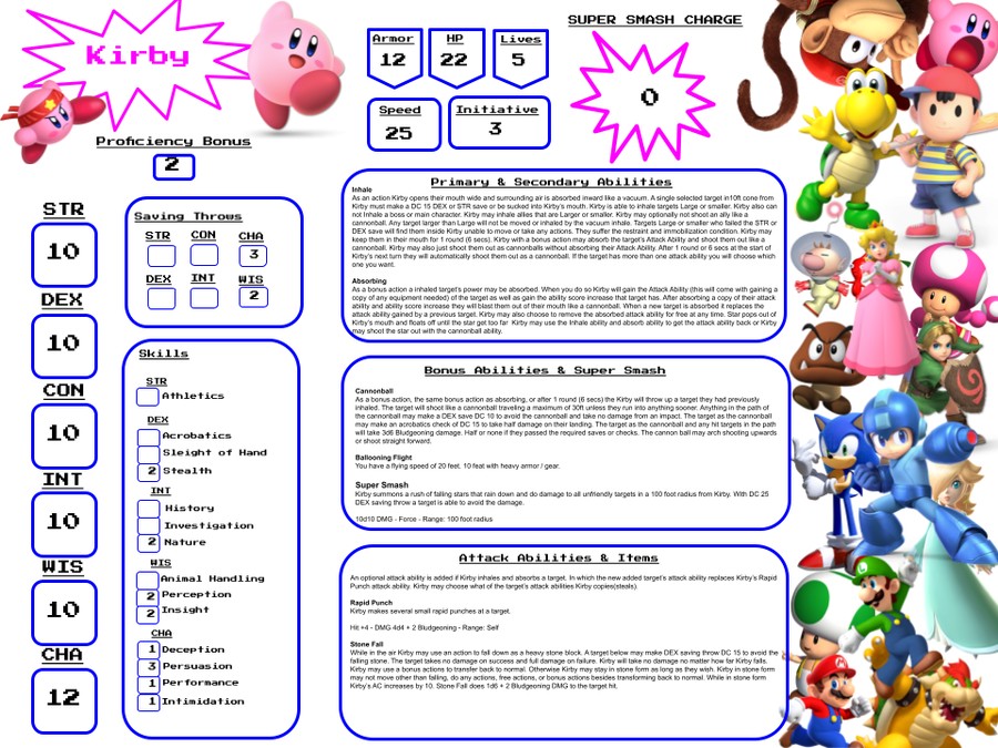 Kirby character sheet for Super Nintendo World RPG.