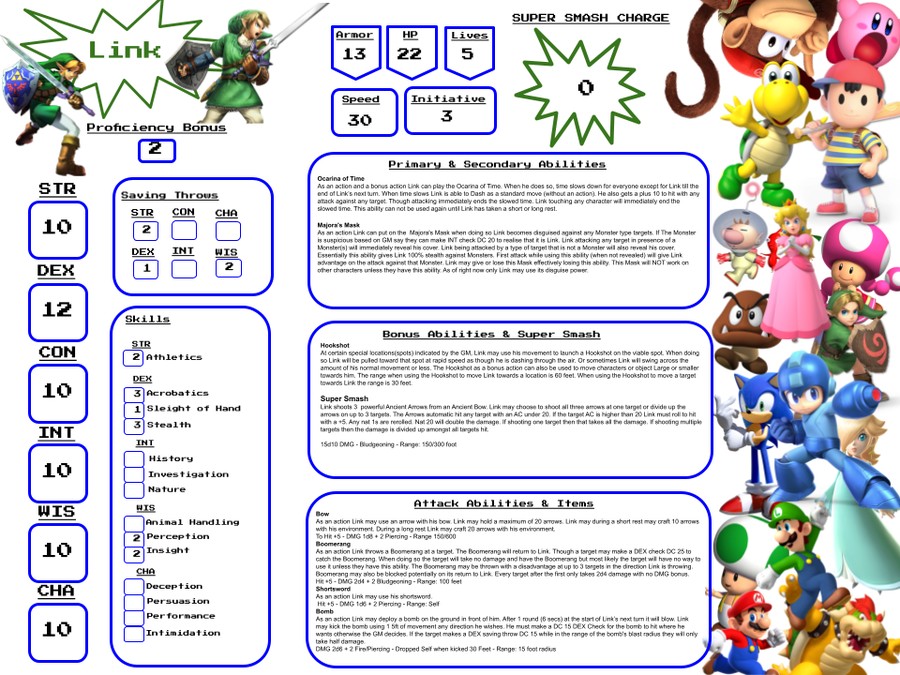 Link character sheet for Super Nintendo World RPG.