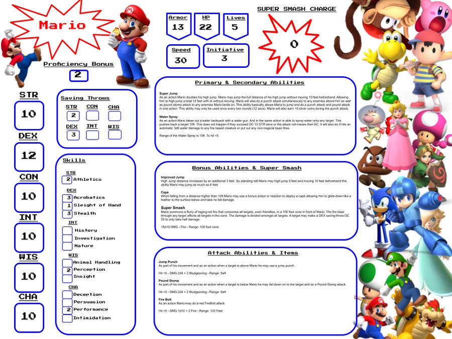 Mario character sheet for the Super Nintendo World RPG with stats, skills, lives, armor, Super Smash charge, abilities, and items.